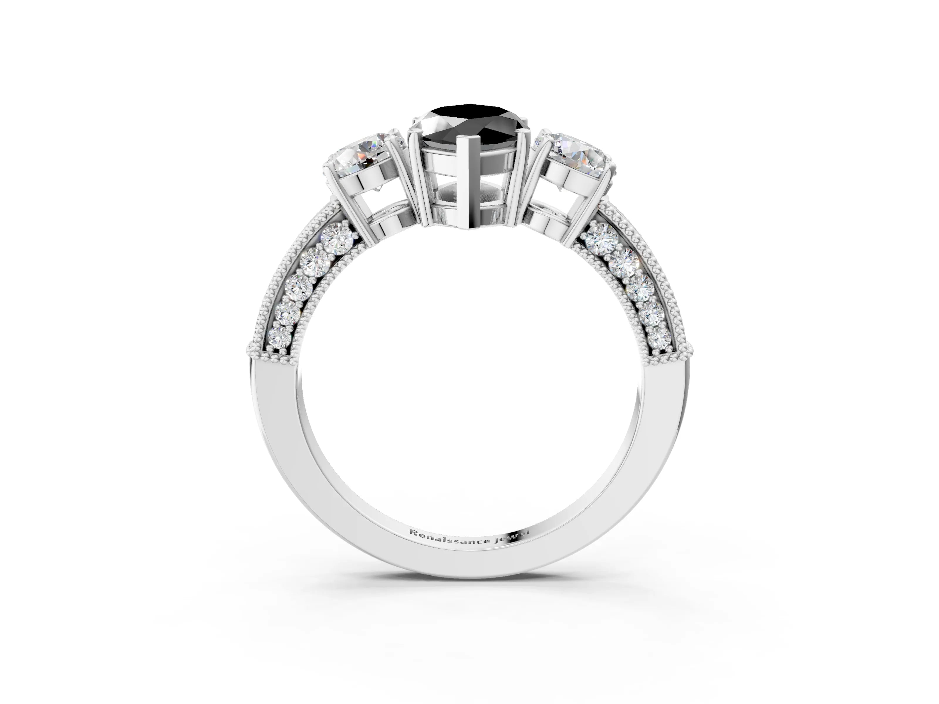 White gold Fancy Black Marquise Cut Three-Stone Diamond Ring with Pavé Band and Four-Prong Setting_3