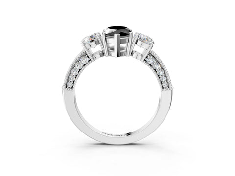 White gold Fancy Black Marquise Cut Three-Stone Diamond Ring with Pavé Band and Four-Prong Setting_3