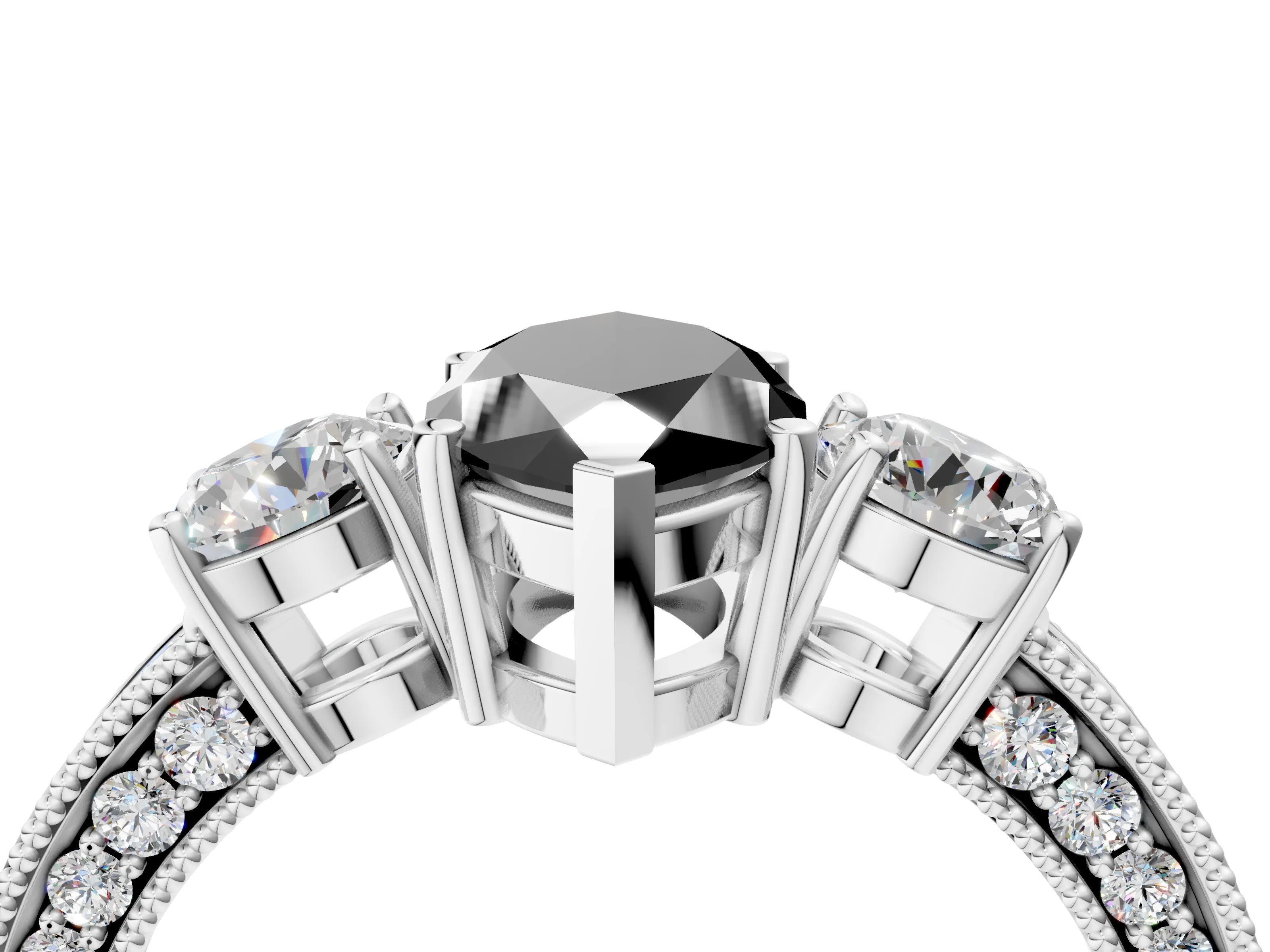 White gold Fancy Black Marquise Cut Three-Stone Diamond Ring with Pavé Band and Four-Prong Setting_4