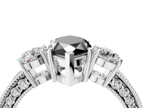 White gold Fancy Black Marquise Cut Three-Stone Diamond Ring with Pavé Band and Four-Prong Setting_4