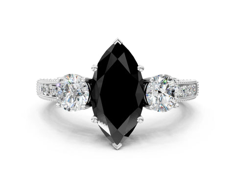 White gold Fancy Black Marquise Cut Three-Stone Diamond Ring with Pavé Band and Four-Prong Setting