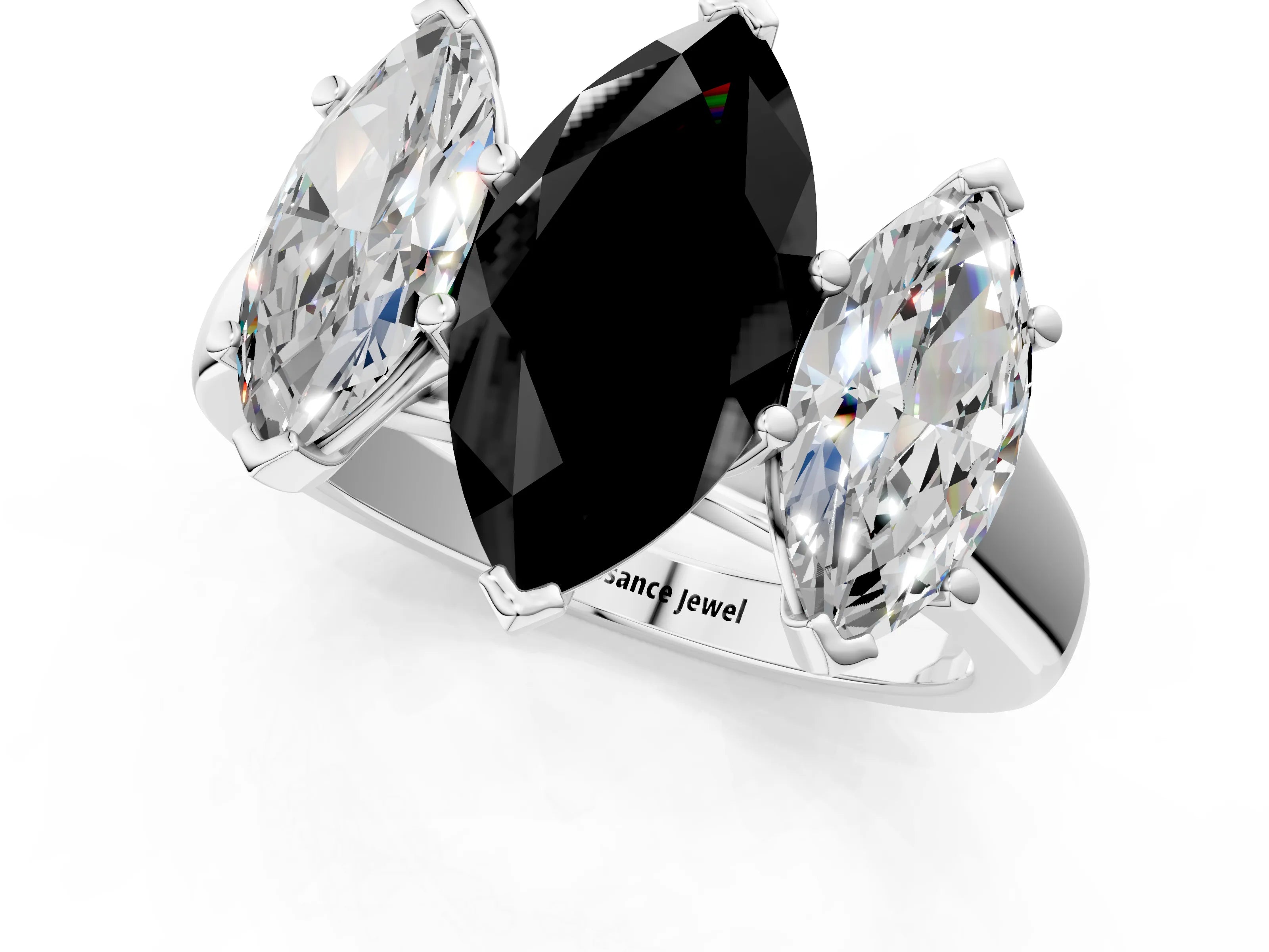 White gold Fancy Black Marquise Cut Three-Stone Diamond Ring with Prong Setting on a Classic Band_1