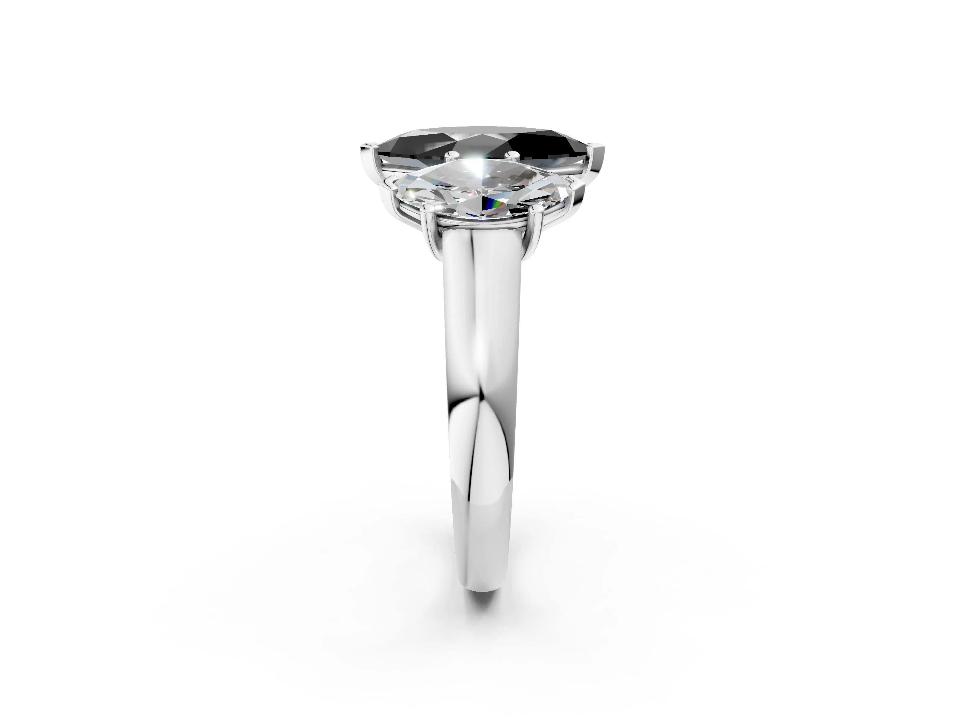White gold Fancy Black Marquise Cut Three-Stone Diamond Ring with Prong Setting on a Classic Band_2