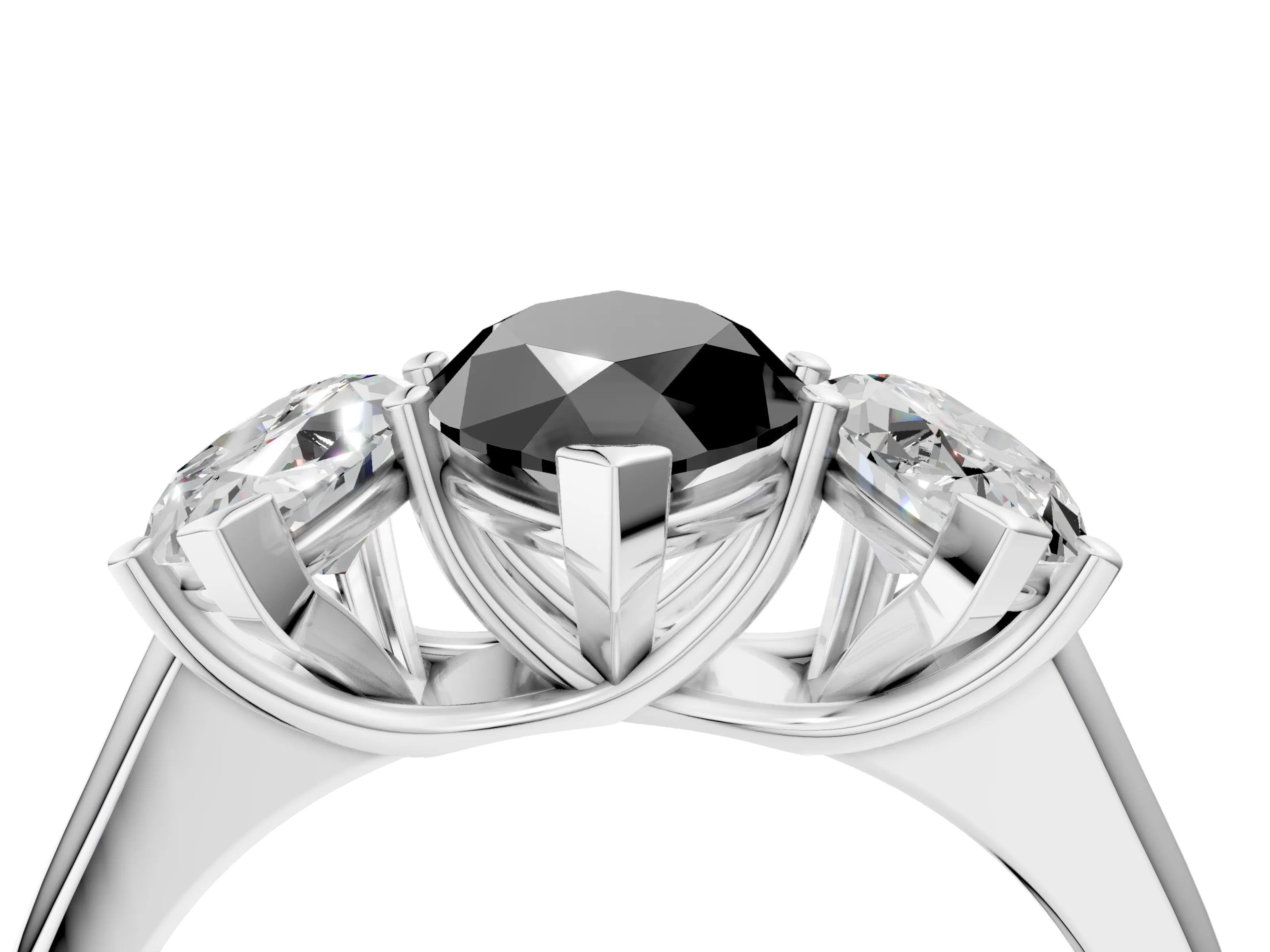 White gold Fancy Black Marquise Cut Three-Stone Diamond Ring with Prong Setting on a Classic Band_4
