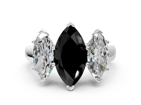 White gold Fancy Black Marquise Cut Three-Stone Diamond Ring with Prong Setting on a Classic Band