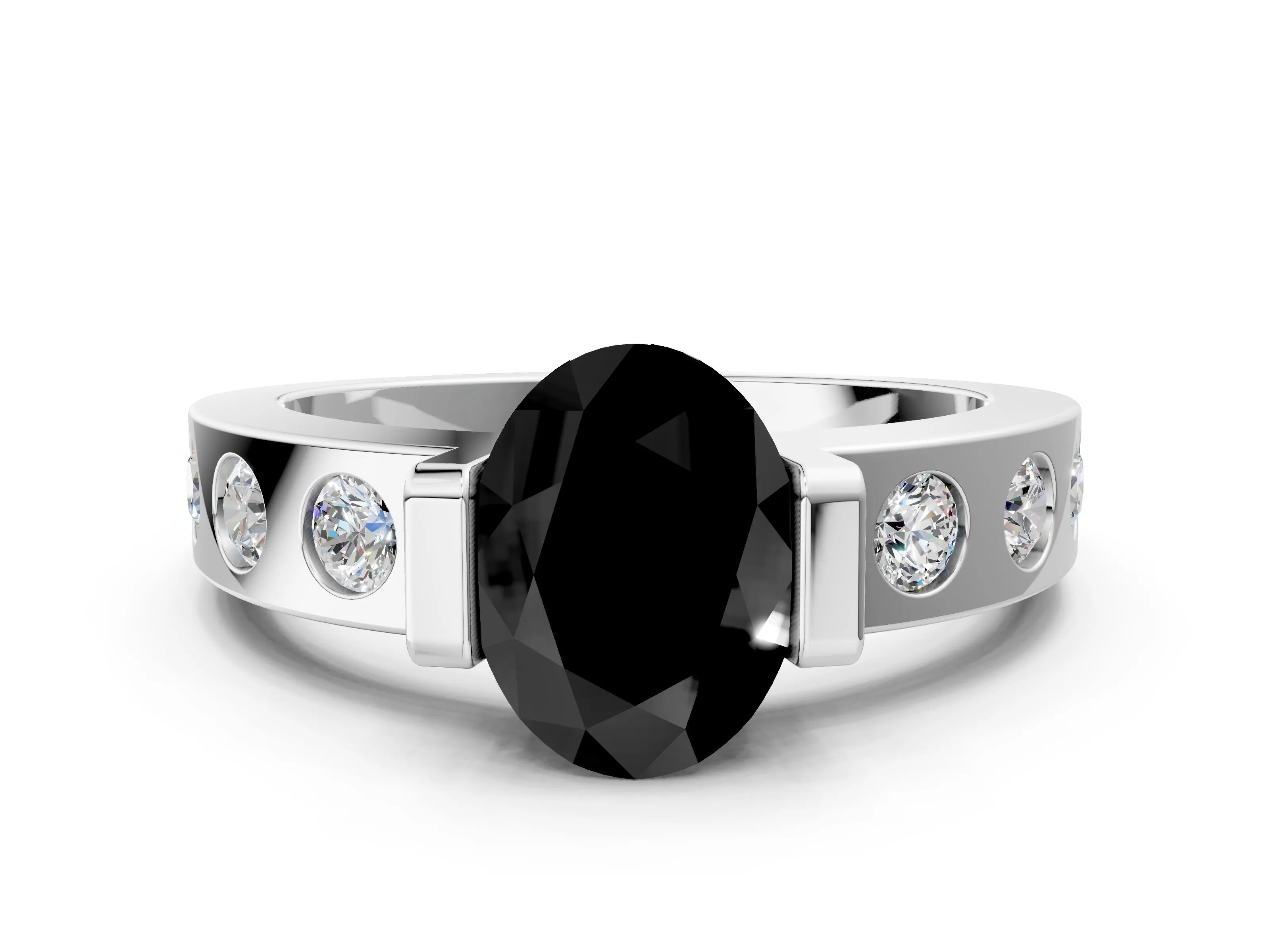 White gold Fancy Black Oval Cut Brilliant Channel-Set Diamond Ring with Bezel Prong Setting_12
