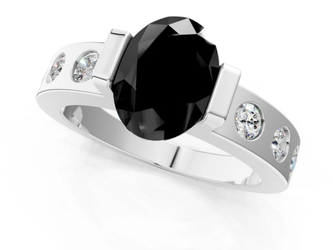White gold Fancy Black Oval Cut Brilliant Channel-Set Diamond Ring with Bezel Prong Setting_1