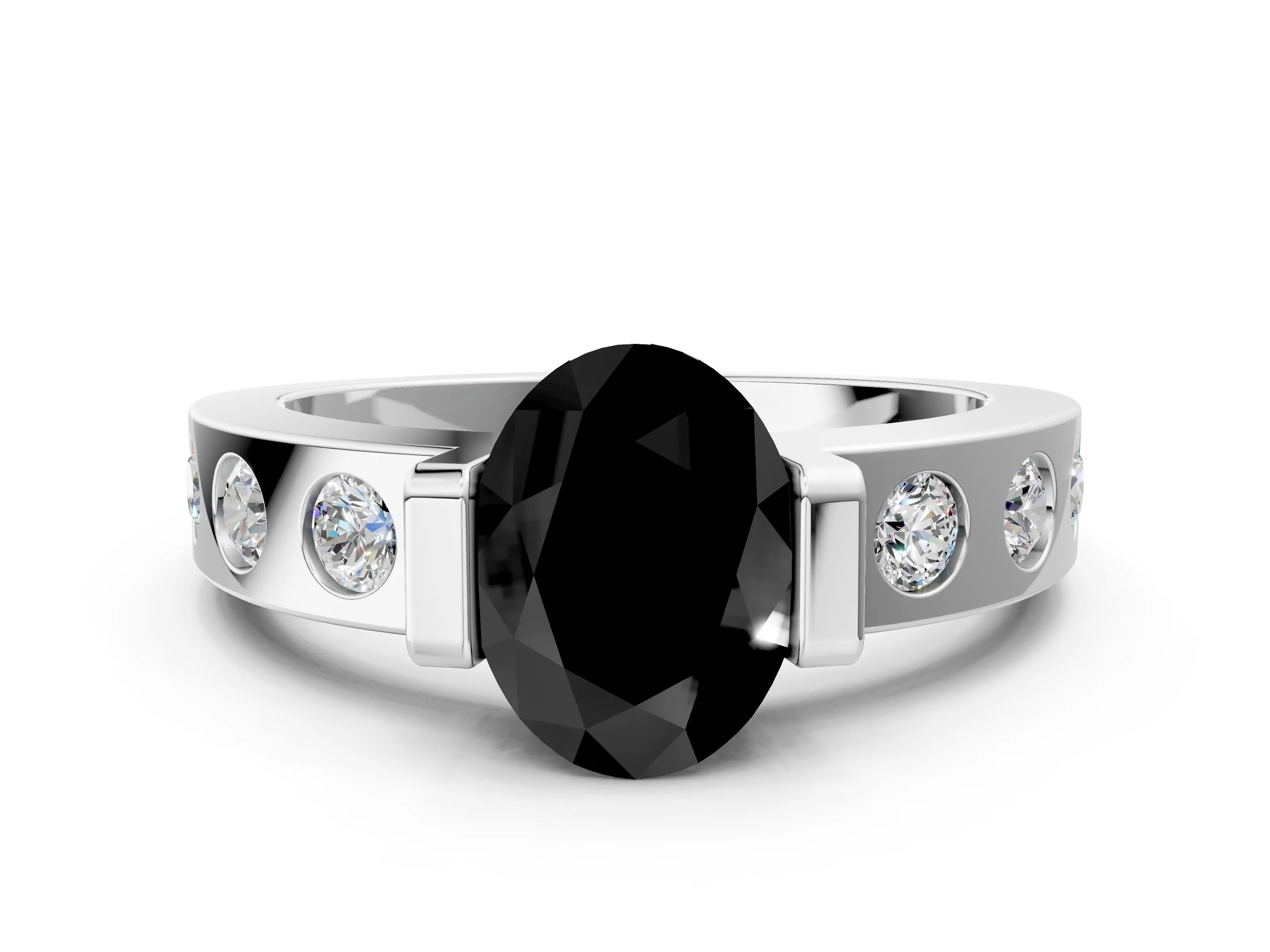 White gold Fancy Black Oval Cut Brilliant Channel-Set Diamond Ring with Bezel Prong Setting