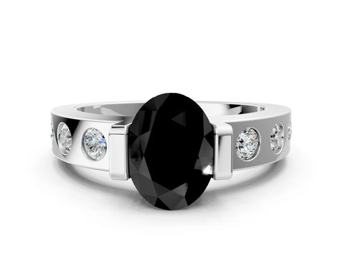 White gold Fancy Black Oval Cut Brilliant Channel-Set Diamond Ring with Bezel Prong Setting