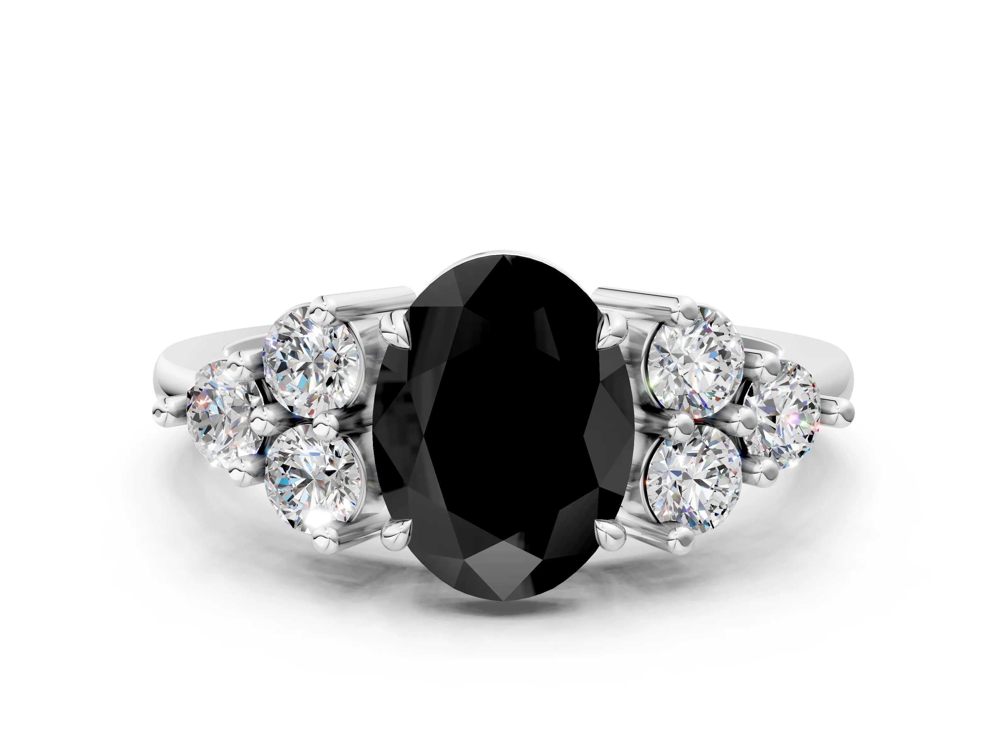 White gold Fancy Black Oval Cut Brilliant Diamond Cluster Accent Solitaire Ring with Prong Setting