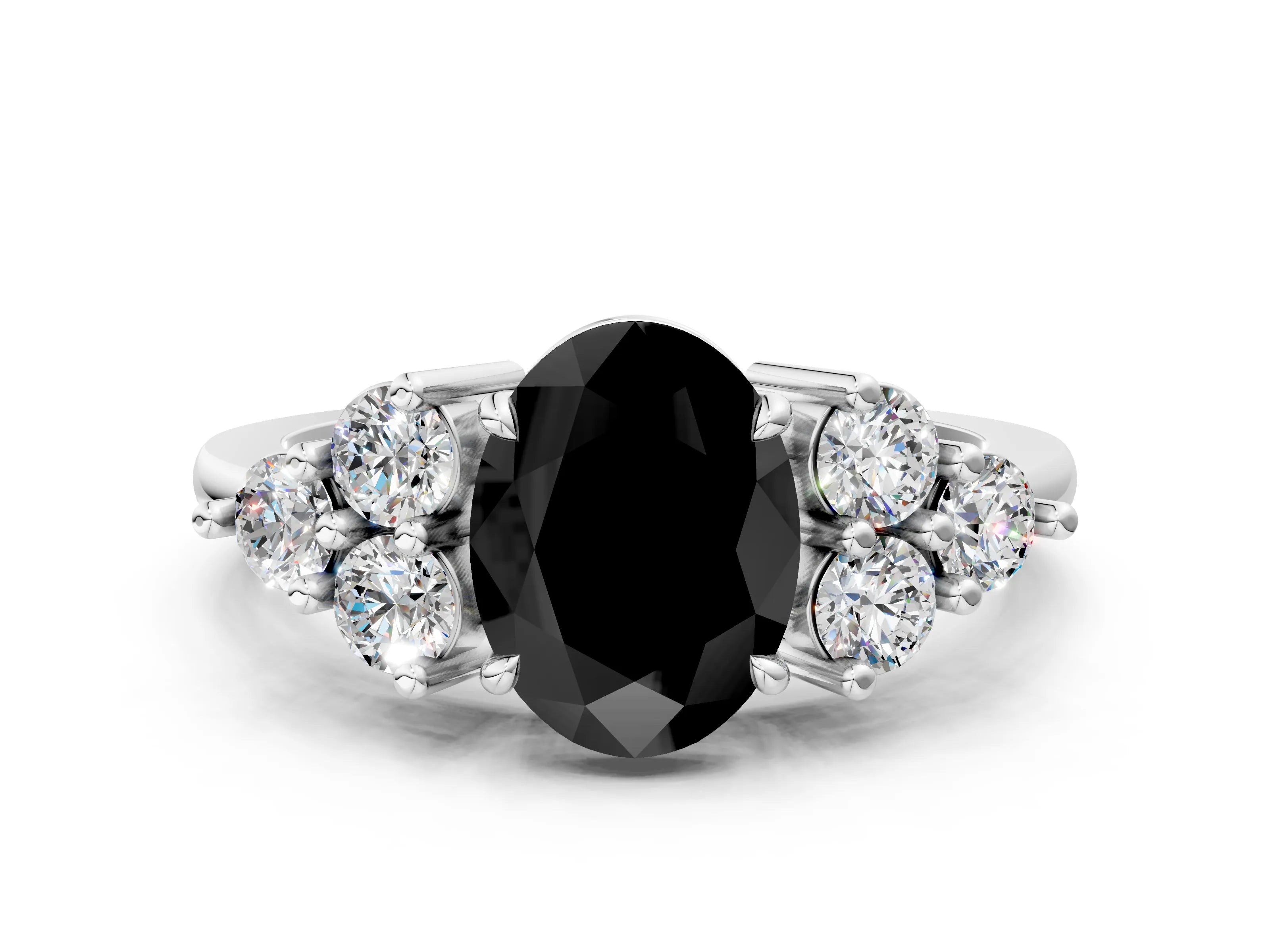 White gold Fancy Black Oval Cut Brilliant Diamond Cluster Accent Solitaire Ring with Prong Setting_12