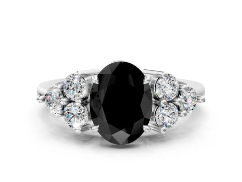 White gold Fancy Black Oval Cut Brilliant Diamond Cluster Accent Solitaire Ring with Prong Setting_12