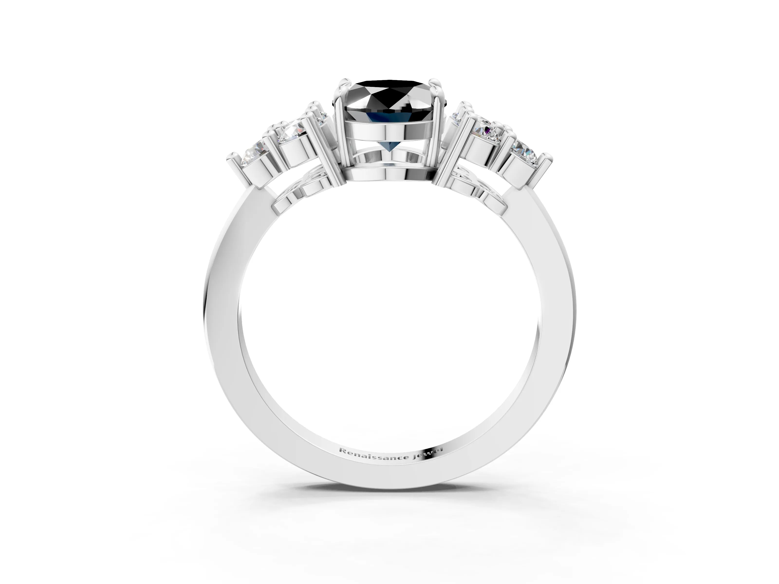 White gold Fancy Black Oval Cut Brilliant Diamond Cluster Accent Solitaire Ring with Prong Setting_15