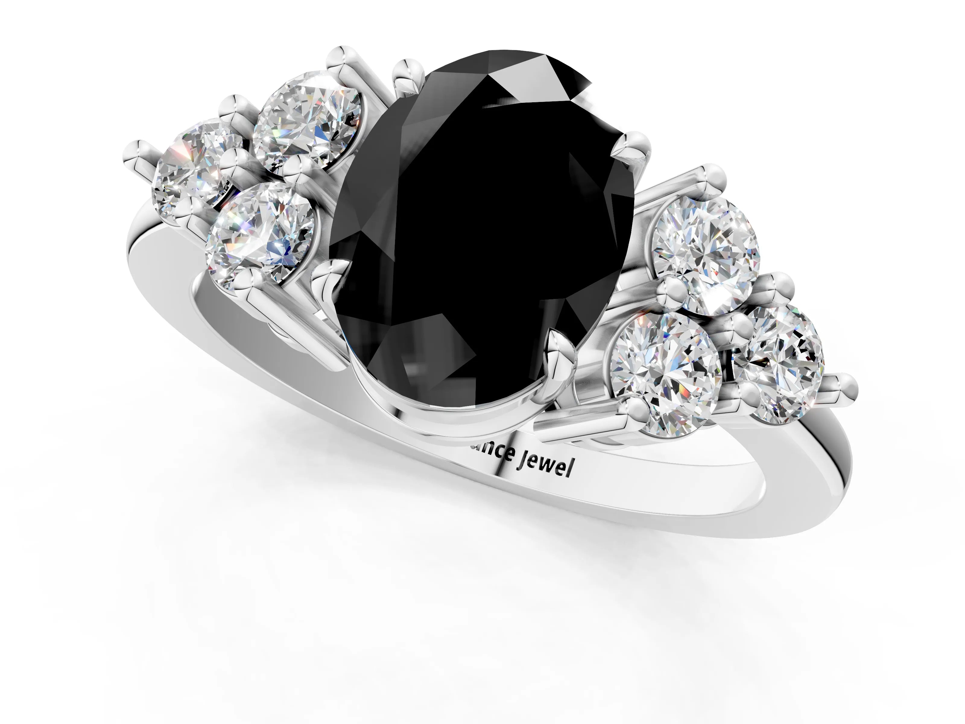 White gold Fancy Black Oval Cut Brilliant Diamond Cluster Accent Solitaire Ring with Prong Setting_1