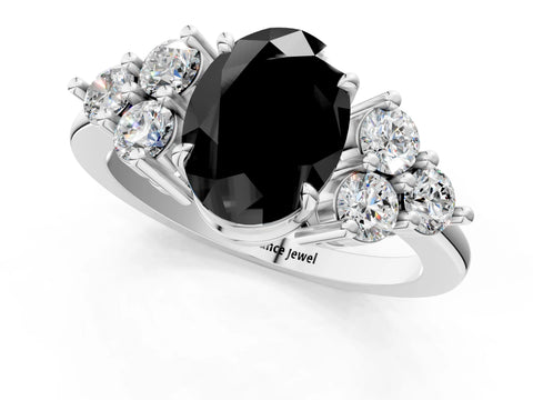 White gold Fancy Black Oval Cut Brilliant Diamond Cluster Accent Solitaire Ring with Prong Setting_1
