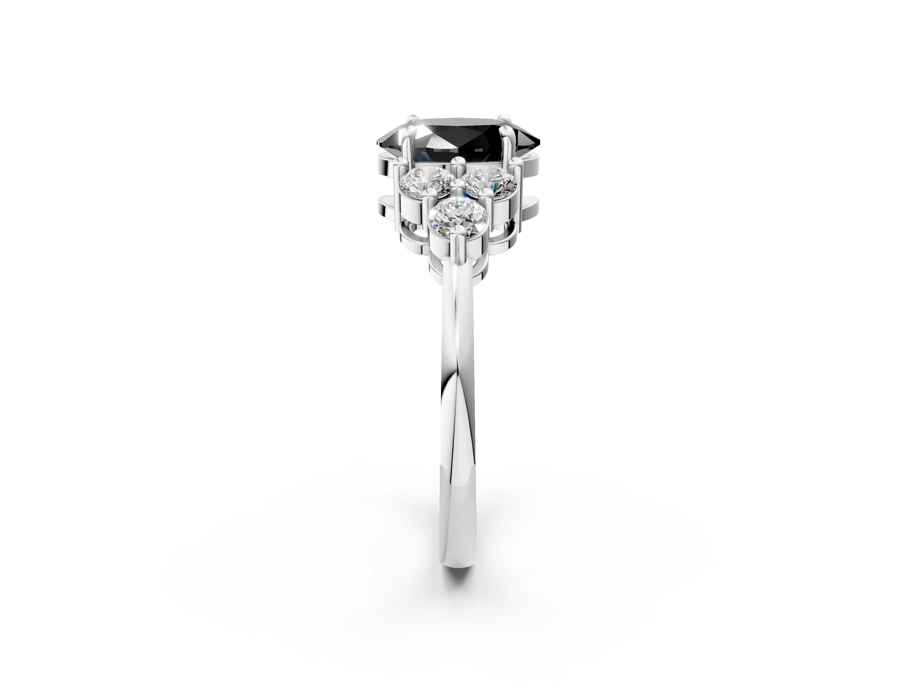 White gold Fancy Black Oval Cut Brilliant Diamond Cluster Accent Solitaire Ring with Prong Setting_2