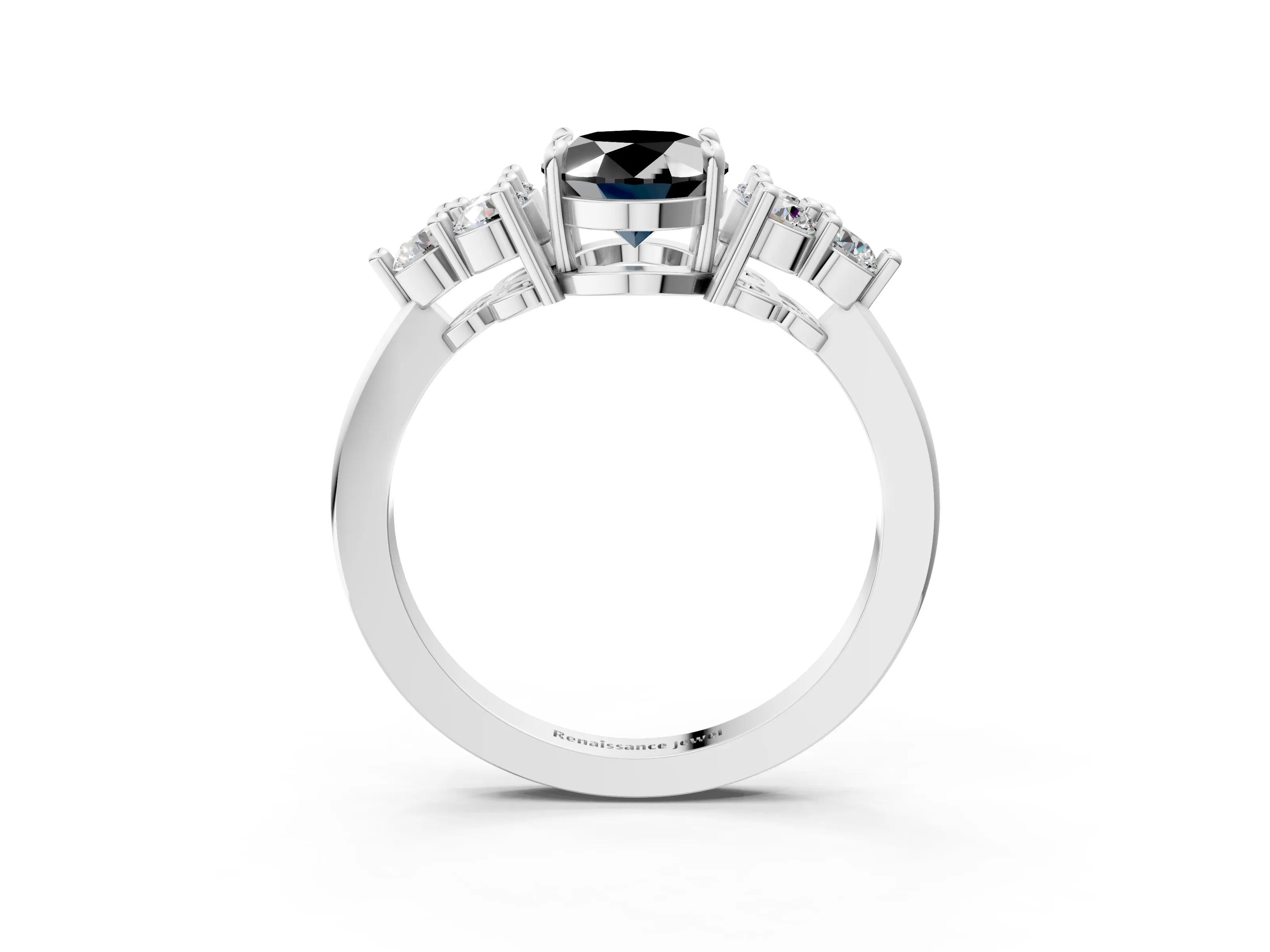 White gold Fancy Black Oval Cut Brilliant Diamond Cluster Accent Solitaire Ring with Prong Setting_3
