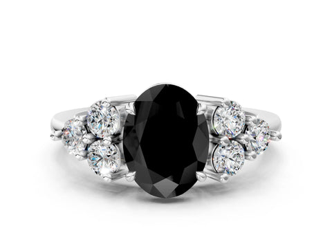 White gold Fancy Black Oval Cut Brilliant Diamond Cluster Accent Solitaire Ring with Prong Setting