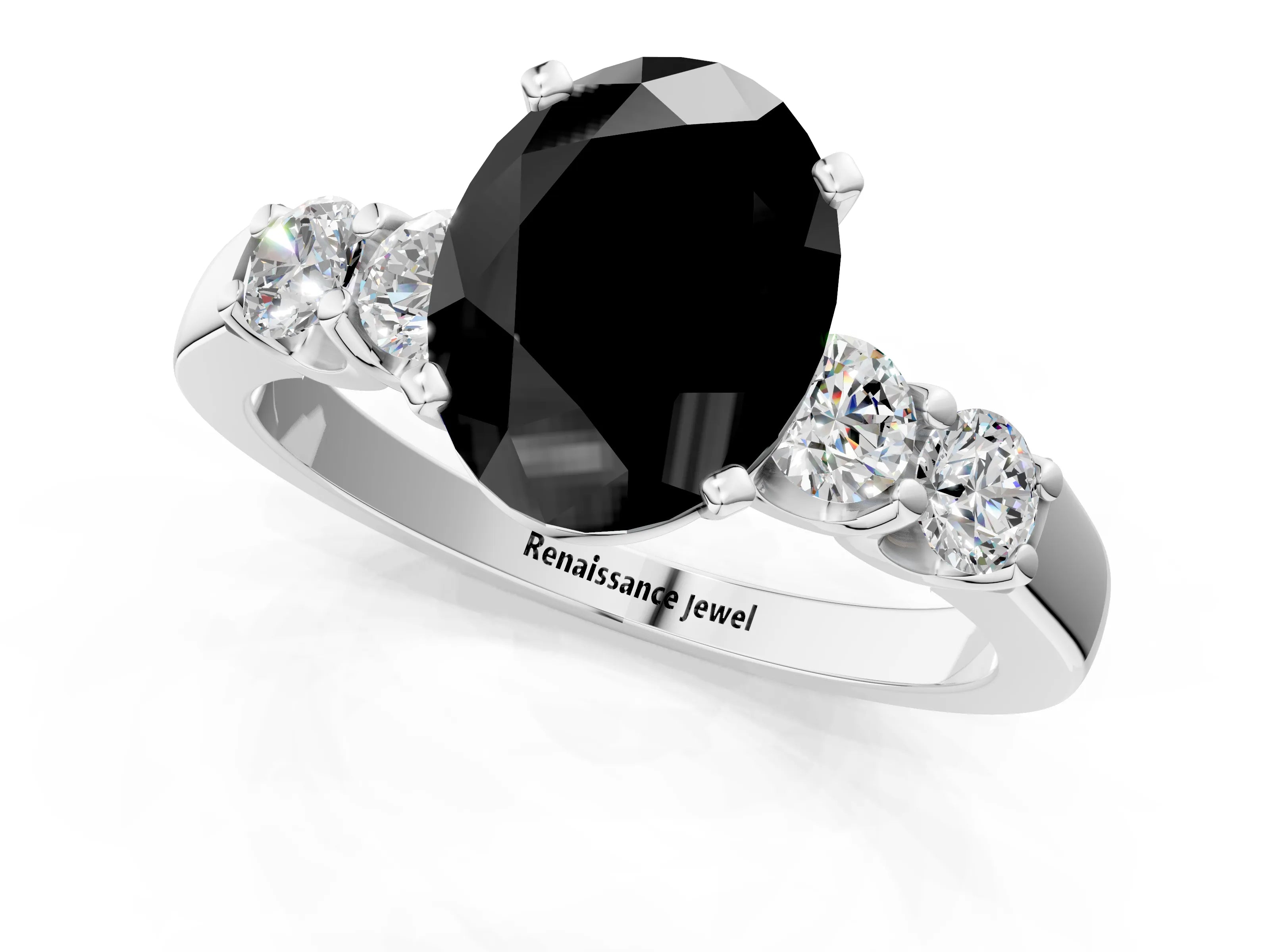 White gold Fancy Black Oval Cut Brilliant Diamond Five-Stone Engagement Ring with Prong Setting on a Classic Band_4