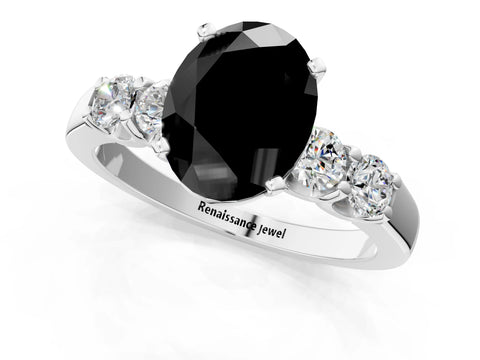 White gold Fancy Black Oval Cut Brilliant Diamond Five-Stone Engagement Ring with Prong Setting on a Classic Band_4