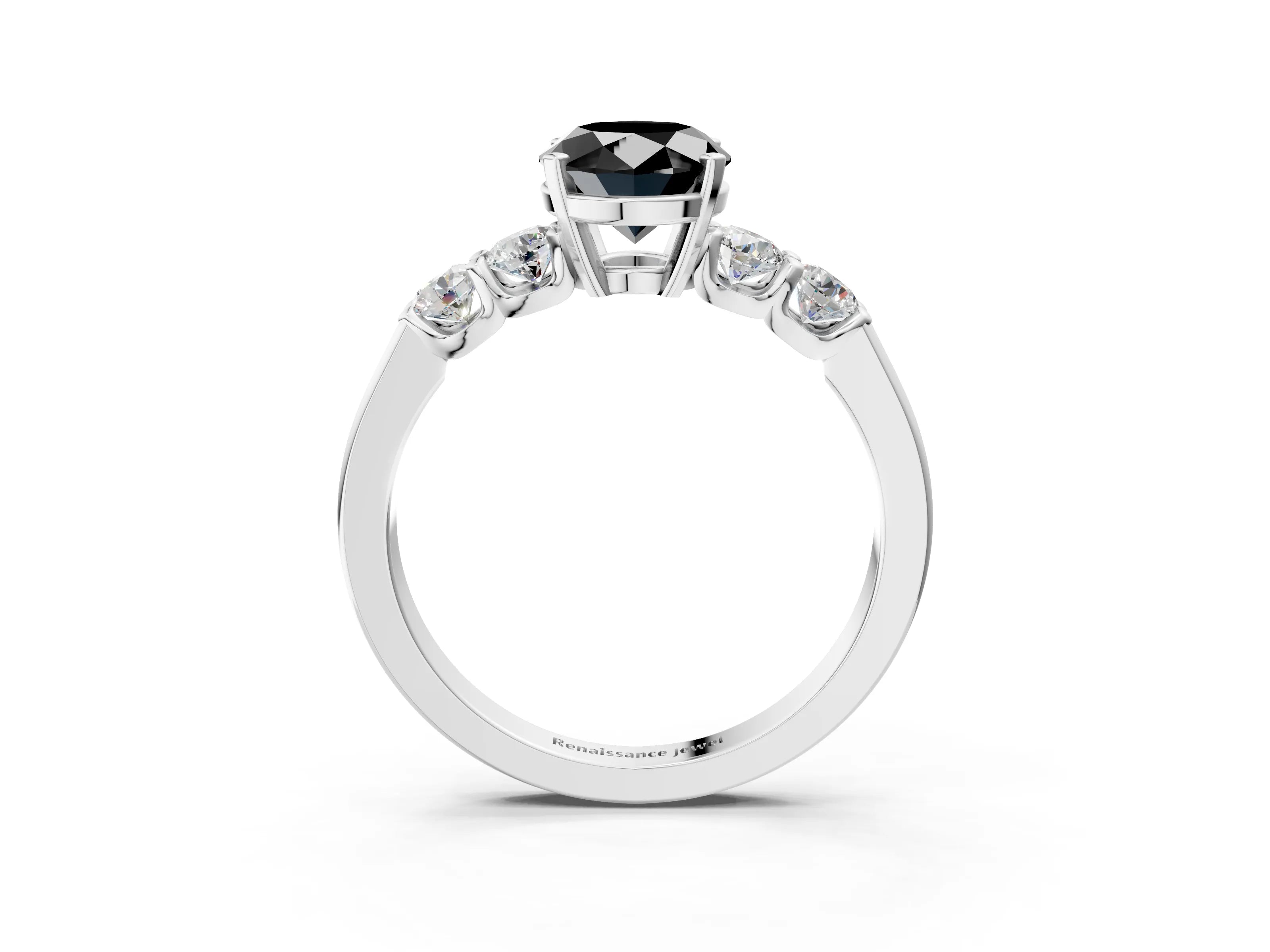White gold Fancy Black Oval Cut Brilliant Diamond Five-Stone Engagement Ring with Prong Setting on a Classic Band_6