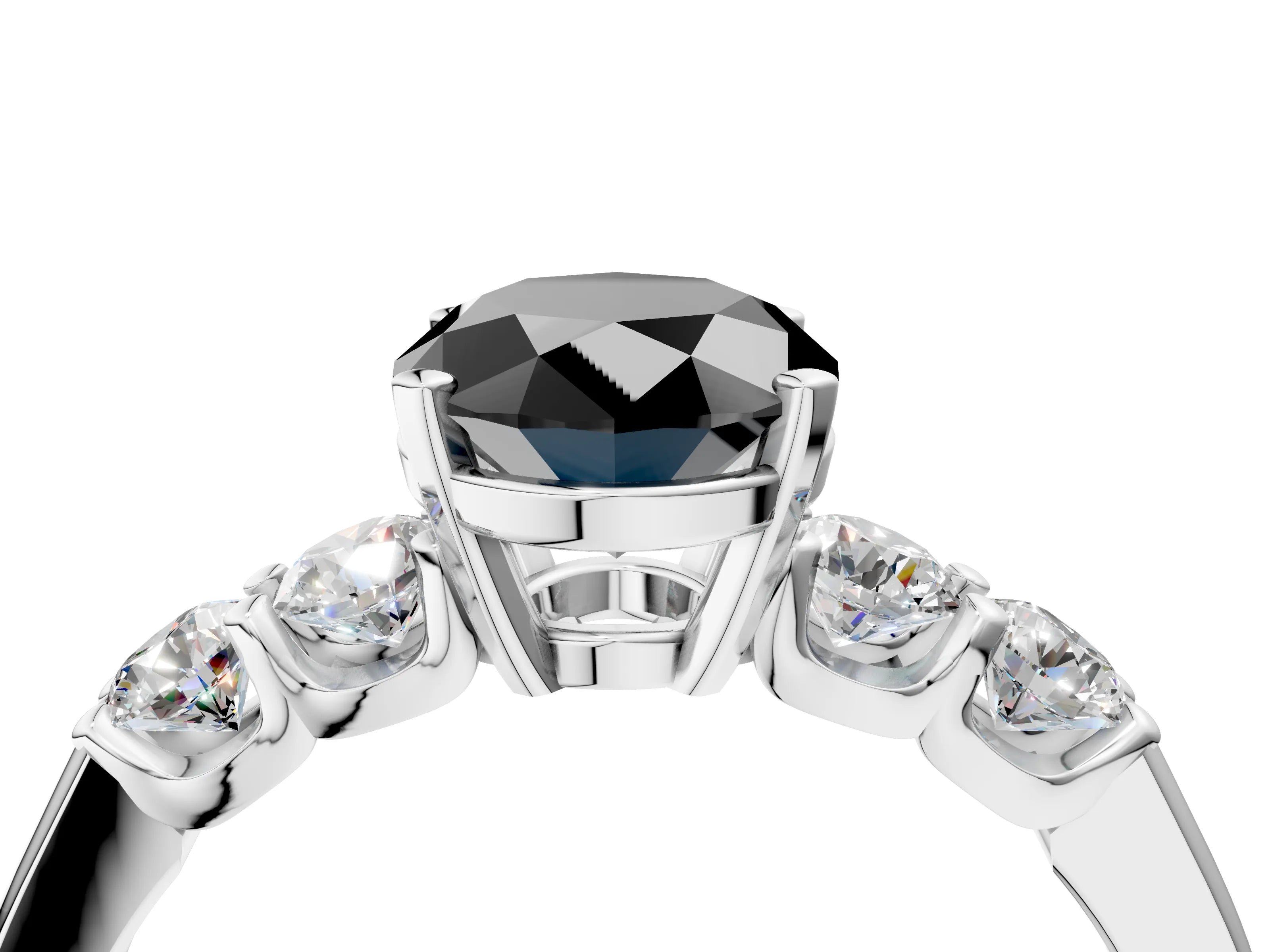 White gold Fancy Black Oval Cut Brilliant Diamond Five-Stone Engagement Ring with Prong Setting on a Classic Band_7