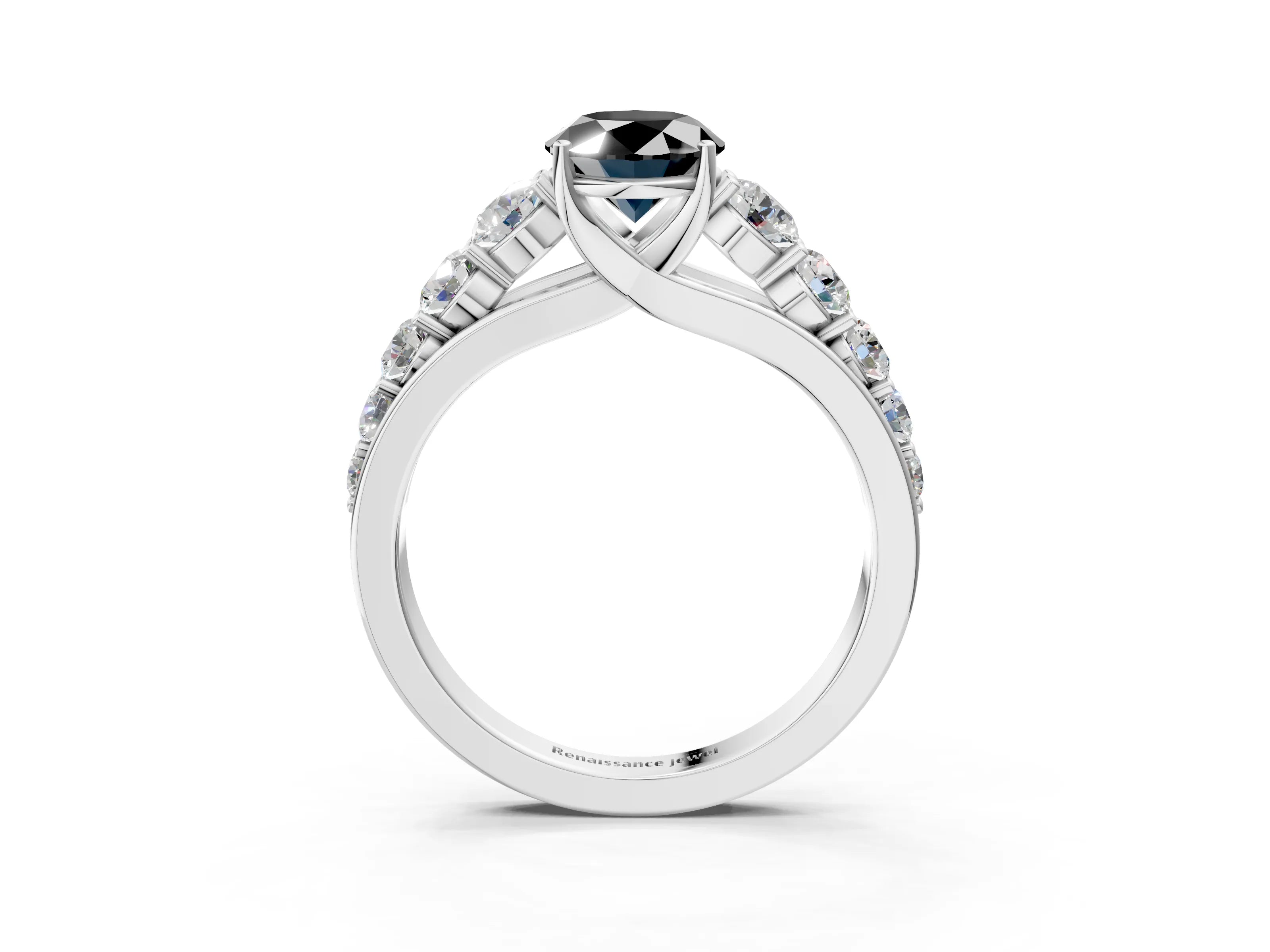 White gold Fancy Black Oval Cut Brilliant Diamond Pavé Band with Six-Prong Setting_3