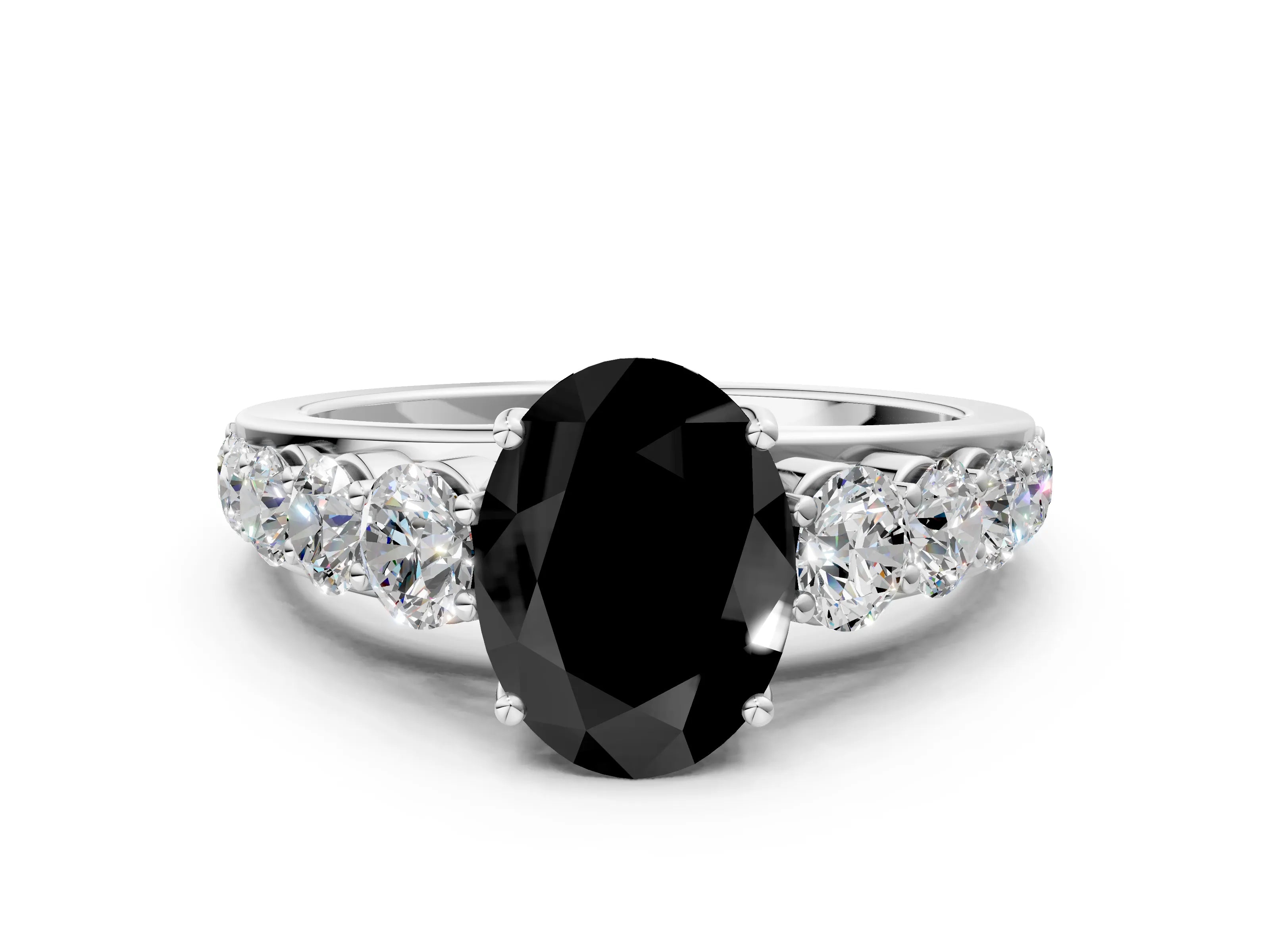 White gold Fancy Black Oval Cut Brilliant Diamond Pavé Band with Six-Prong Setting