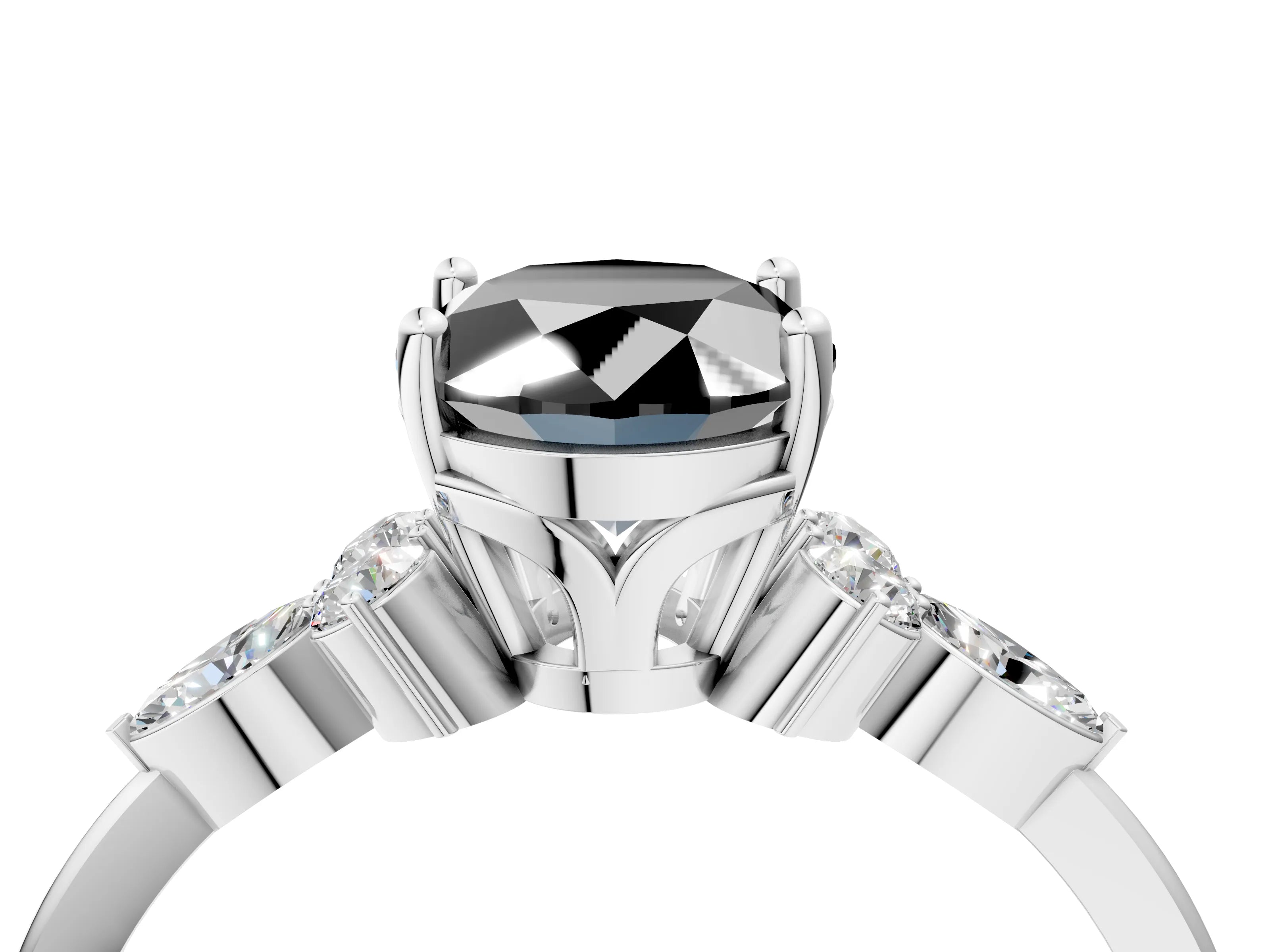 White gold Fancy Black Oval Cut Brilliant Diamond Solitaire Ring with Pear Side Stones and Four-Prong Setting_10