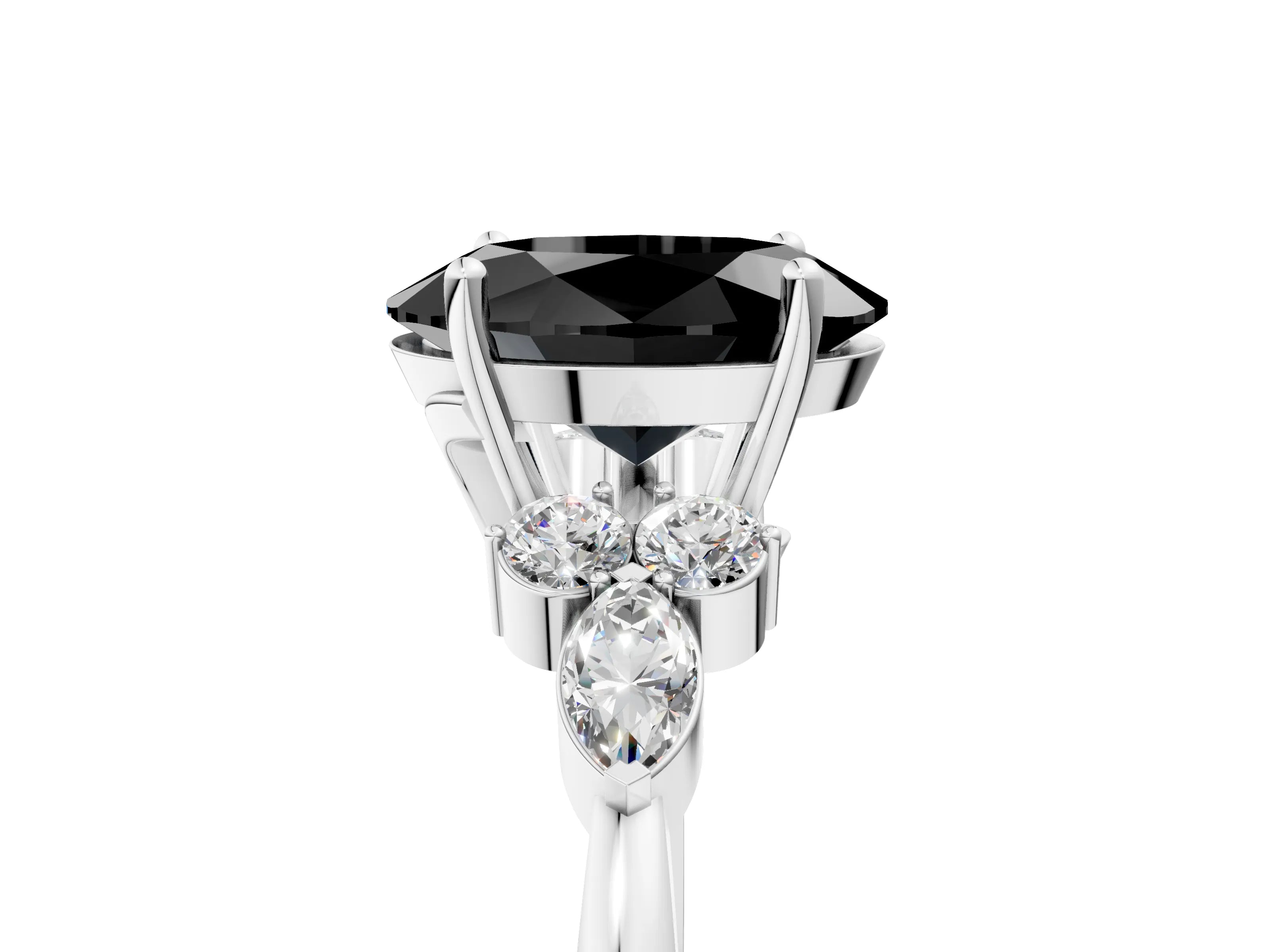White gold Fancy Black Oval Cut Brilliant Diamond Solitaire Ring with Pear Side Stones and Four-Prong Setting_11