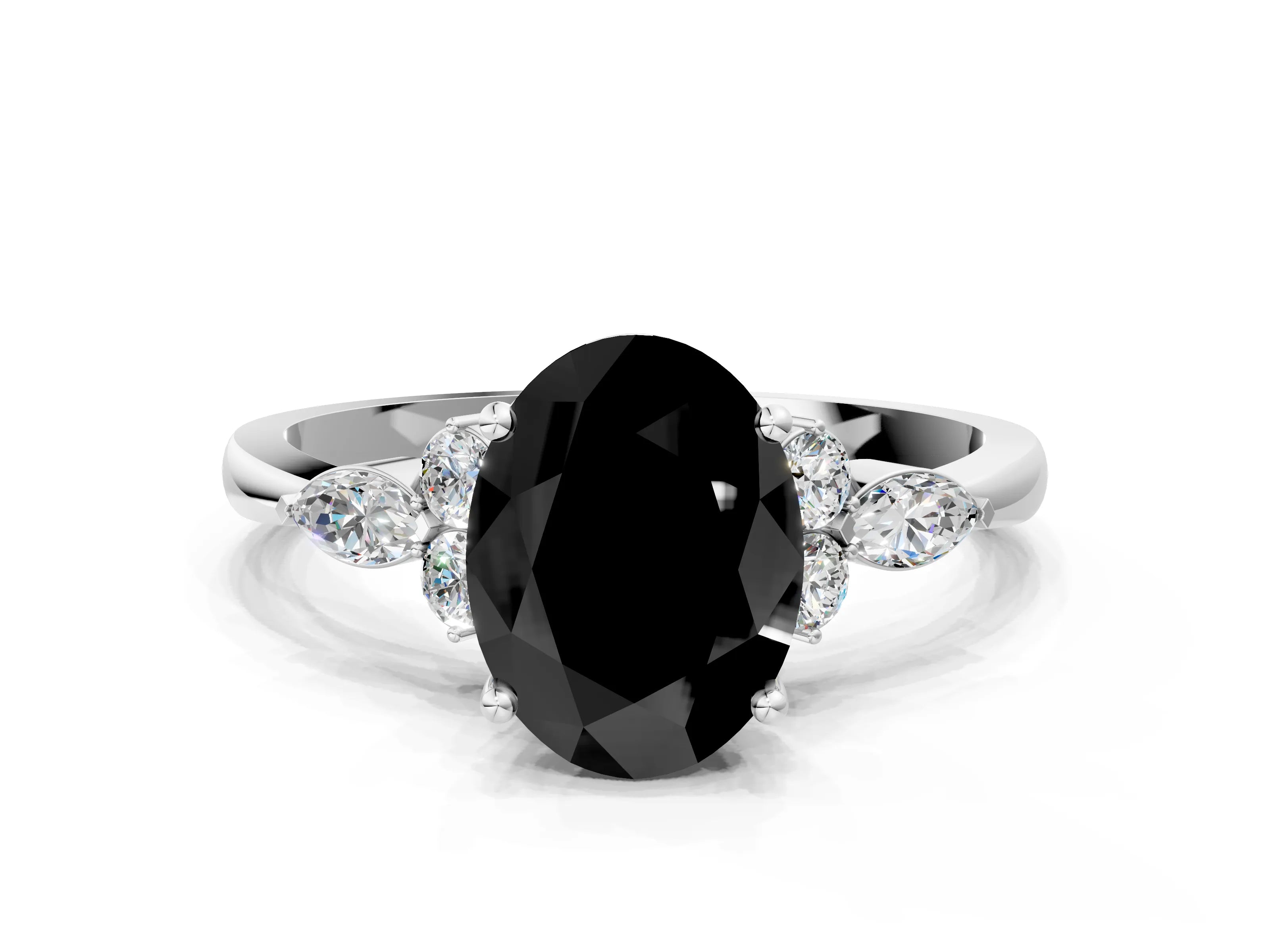 White gold Fancy Black Oval Cut Brilliant Diamond Solitaire Ring with Pear Side Stones and Four-Prong Setting_6