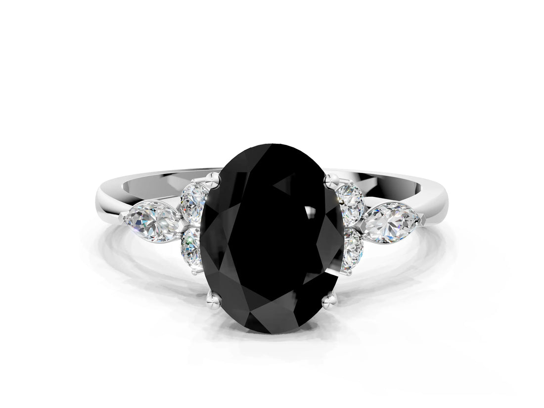 White gold Fancy Black Oval Cut Brilliant Diamond Solitaire Ring with Pear Side Stones and Four-Prong Setting_6