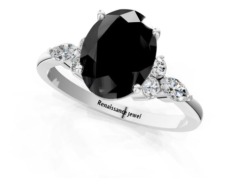 White gold Fancy Black Oval Cut Brilliant Diamond Solitaire Ring with Pear Side Stones and Four-Prong Setting_7