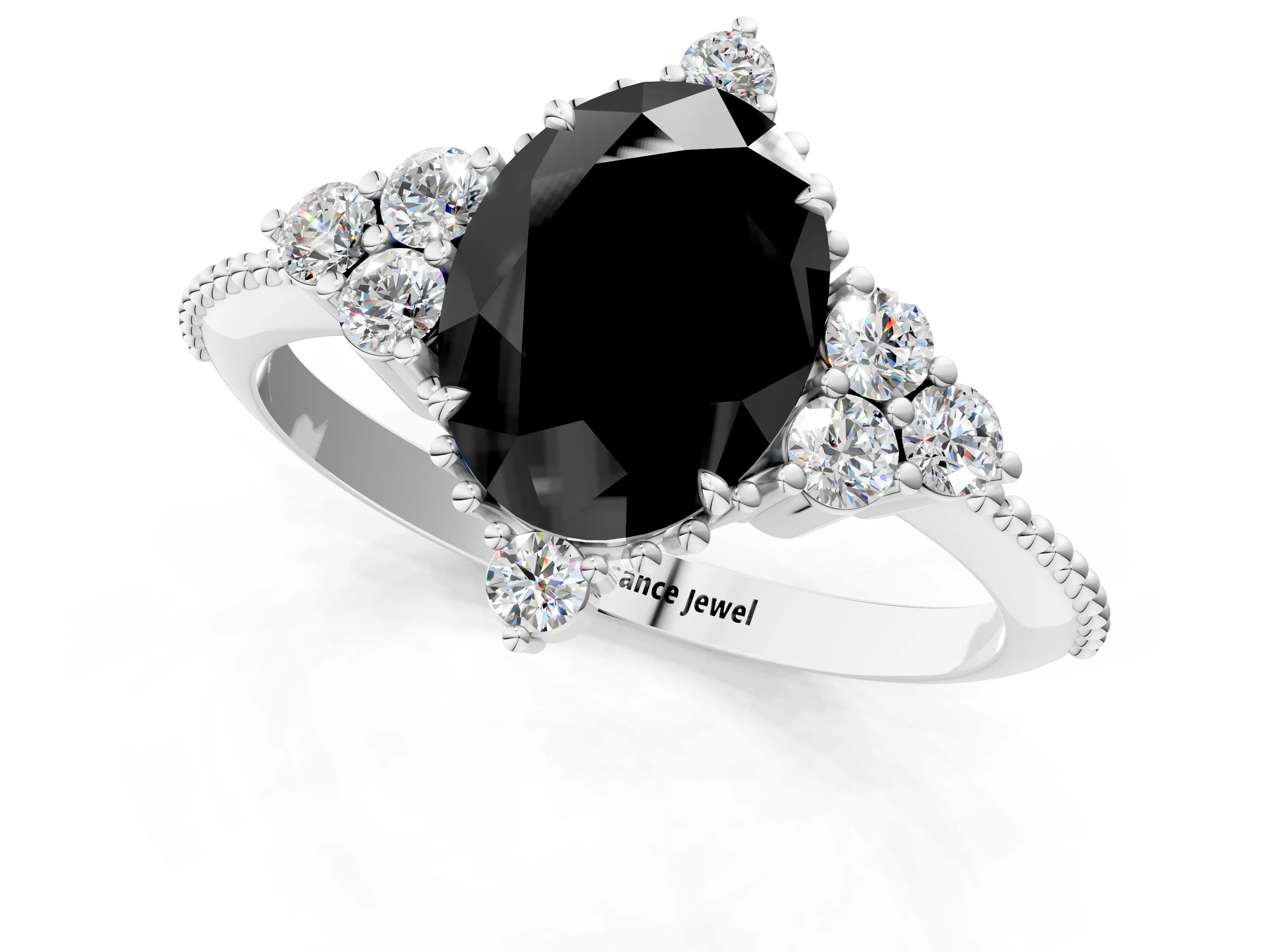 White gold Fancy Black Oval Cut Brilliant Diamond with Cluster Setting on a Beaded Band and Four-Prong Setting_1