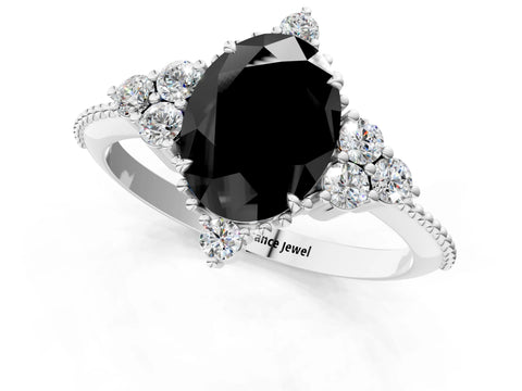 White gold Fancy Black Oval Cut Brilliant Diamond with Cluster Setting on a Beaded Band and Four-Prong Setting_1