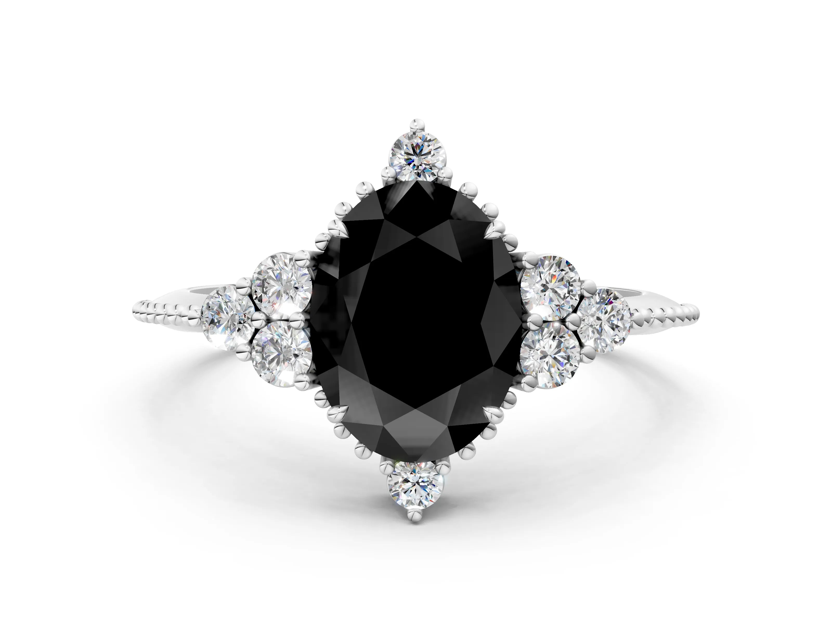 White gold Fancy Black Oval Cut Brilliant Diamond with Cluster Setting on a Beaded Band and Four-Prong Setting_24
