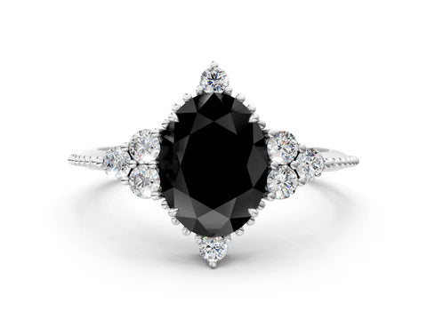 White gold Fancy Black Oval Cut Brilliant Diamond with Cluster Setting on a Beaded Band and Four-Prong Setting_24