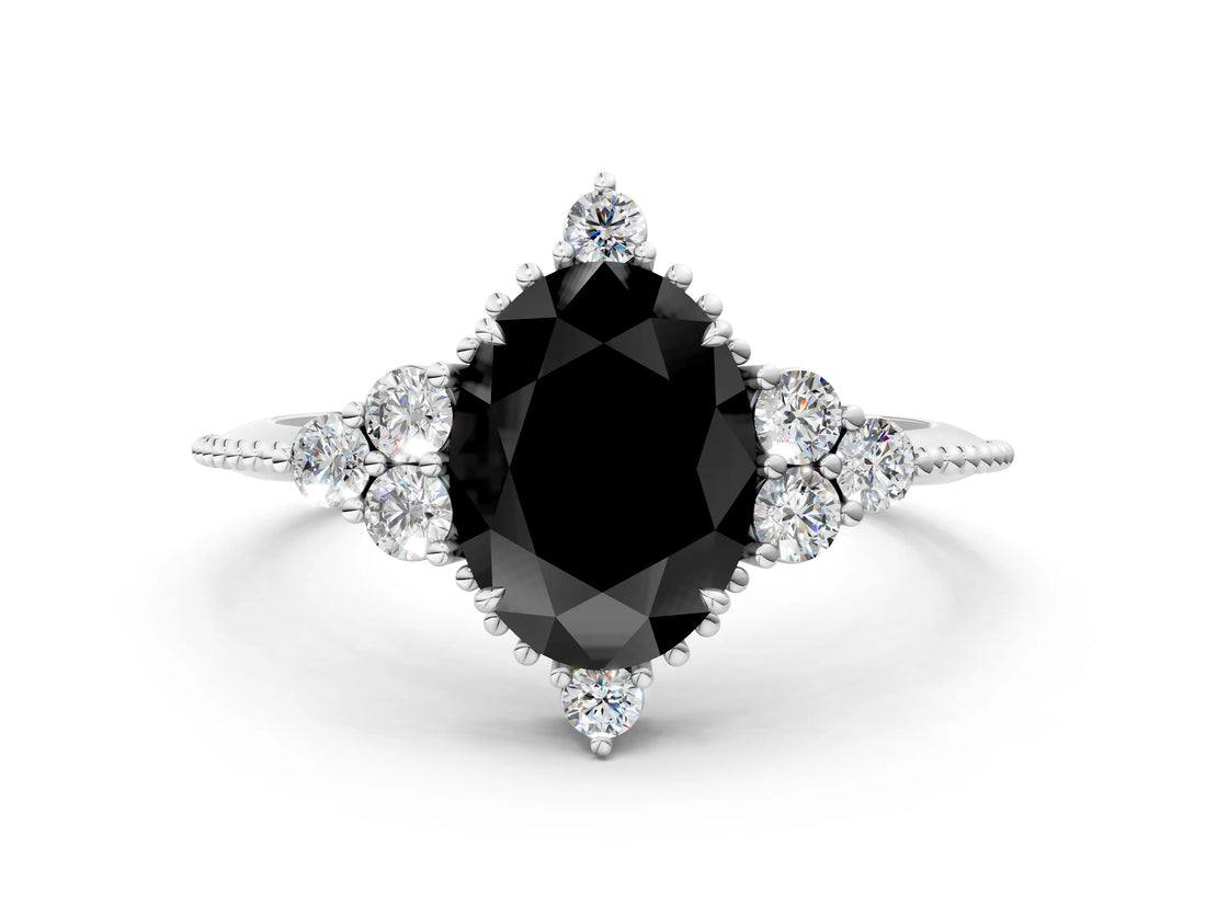 White gold Fancy Black Oval Cut Brilliant Diamond with Cluster Setting on a Beaded Band and Four-Prong Setting_24
