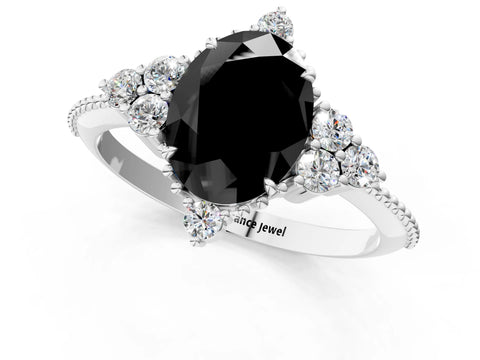 White gold Fancy Black Oval Cut Brilliant Diamond with Cluster Setting on a Beaded Band and Four-Prong Setting_25