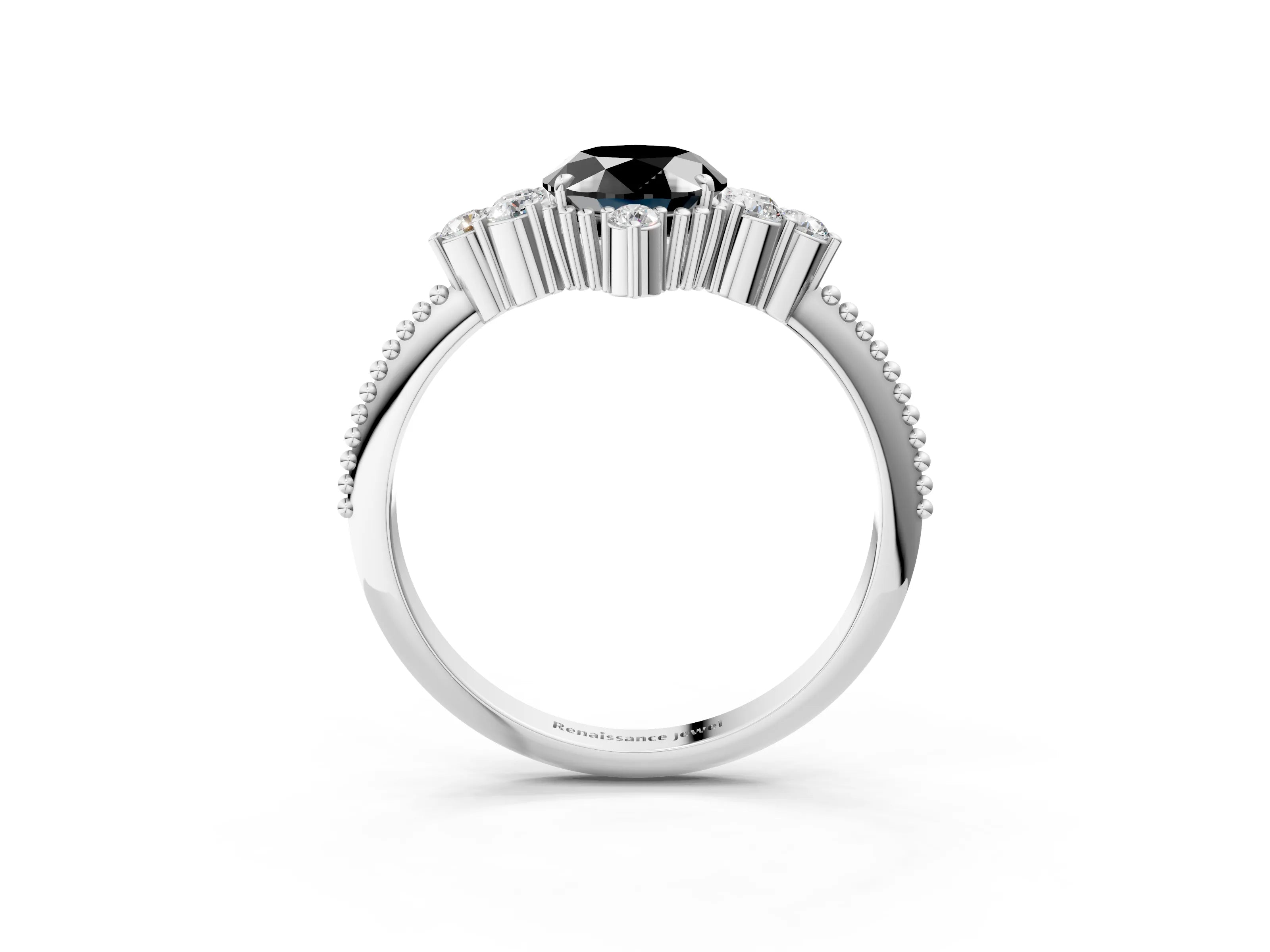 White gold Fancy Black Oval Cut Brilliant Diamond with Cluster Setting on a Beaded Band and Four-Prong Setting_3