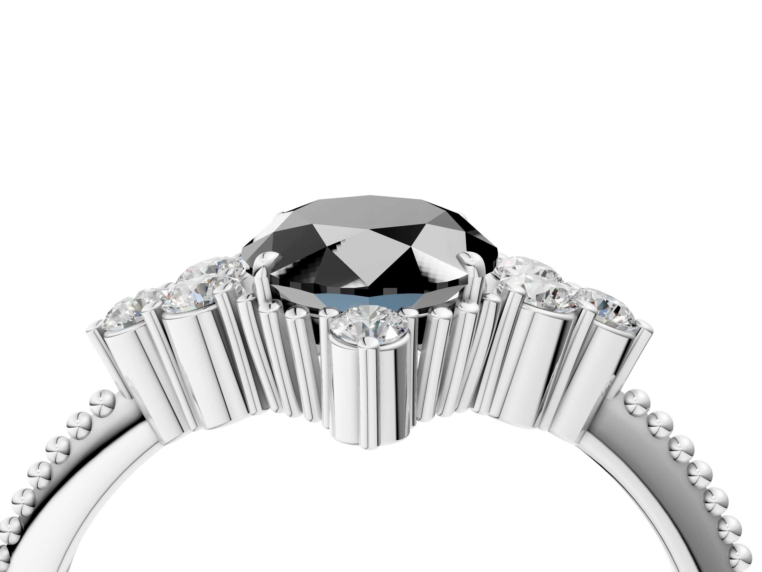 White gold Fancy Black Oval Cut Brilliant Diamond with Cluster Setting on a Beaded Band and Four-Prong Setting_4