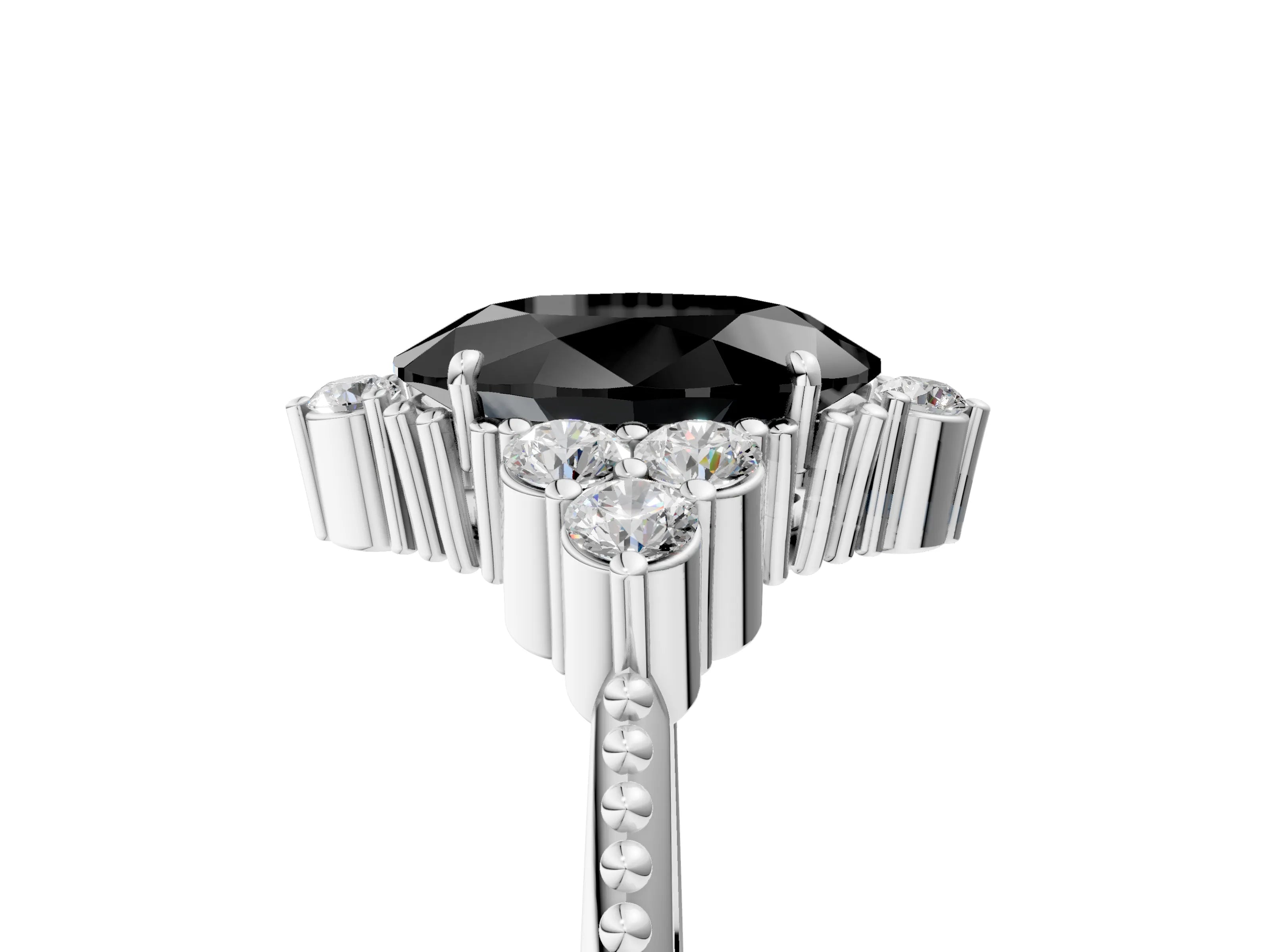 White gold Fancy Black Oval Cut Brilliant Diamond with Cluster Setting on a Beaded Band and Four-Prong Setting_5