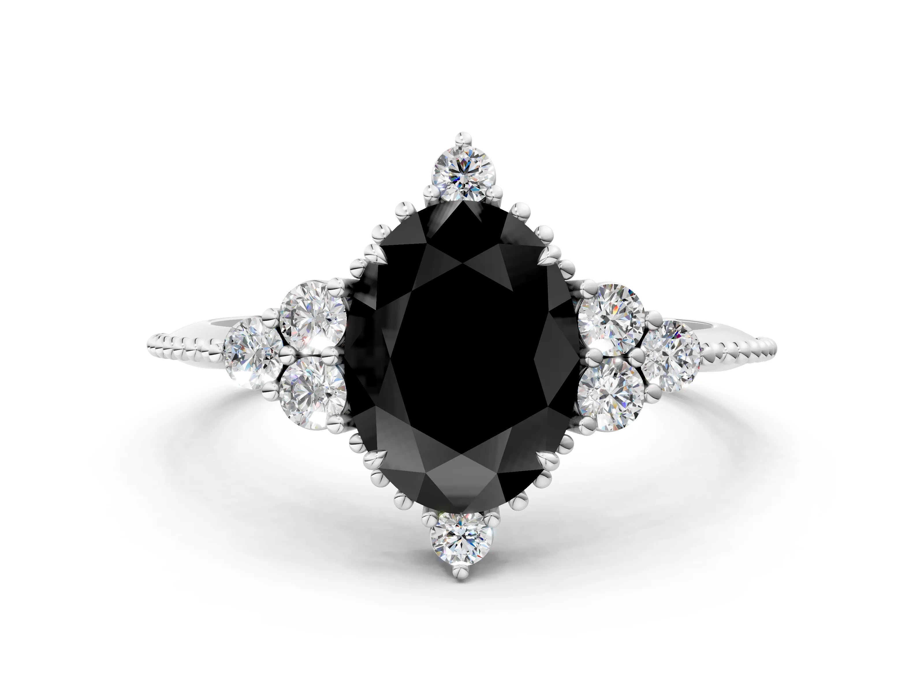 White gold Fancy Black Oval Cut Brilliant Diamond with Cluster Setting on a Beaded Band and Four-Prong Setting