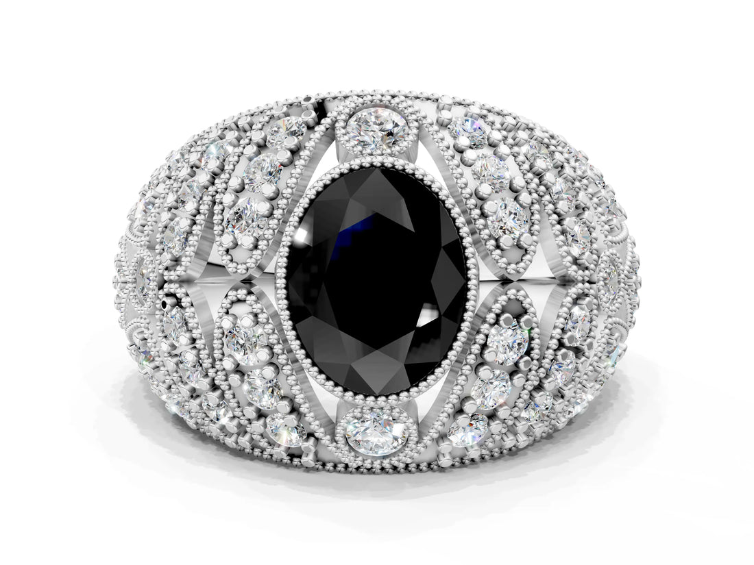 White gold Fancy Black Oval Cut Brilliant Halo Pave Diamond Milgrain Ring