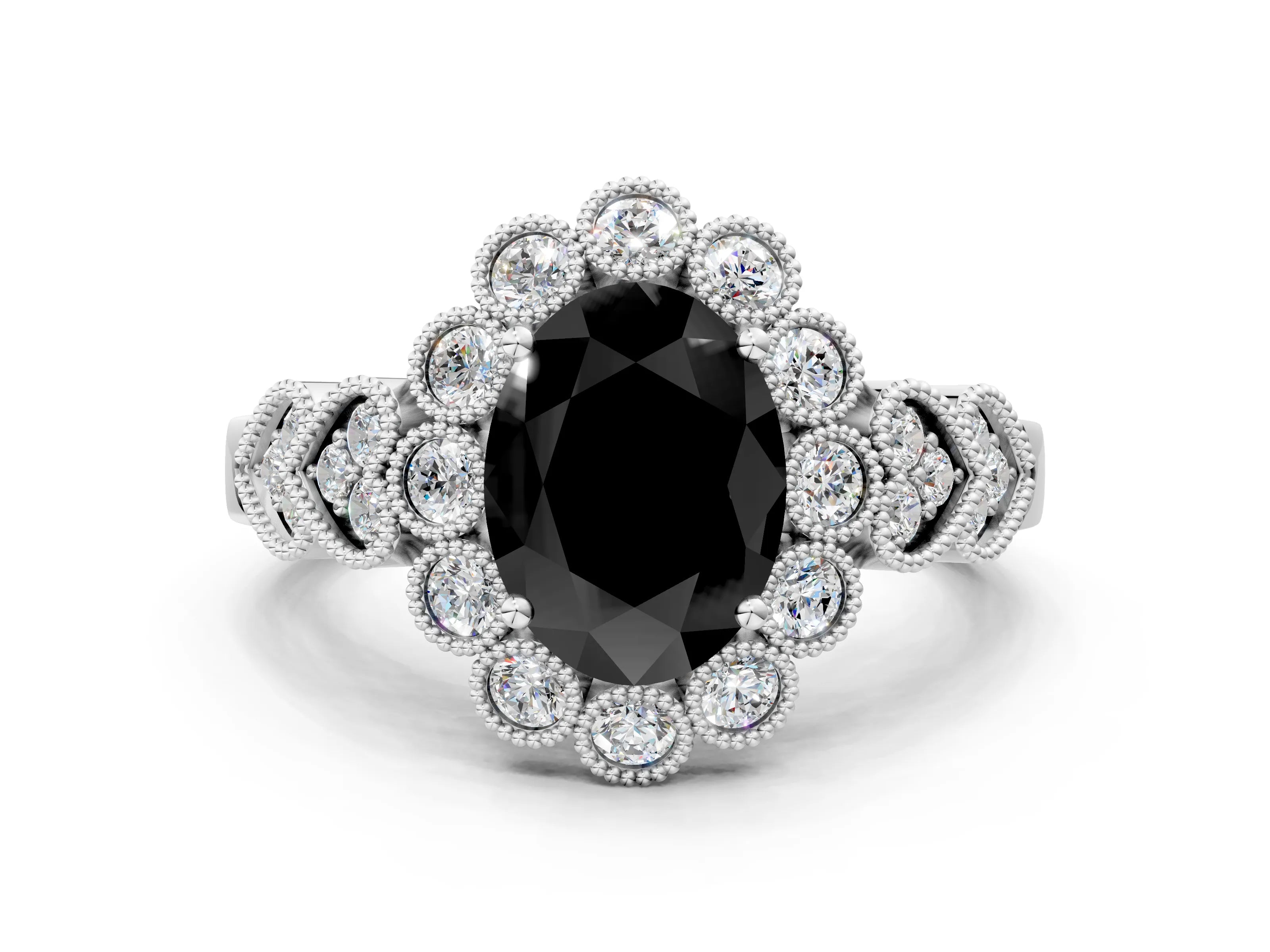 White gold Fancy Black Oval Cut Brilliant Milgrain Pave Heart Band Solitaire Ring_12