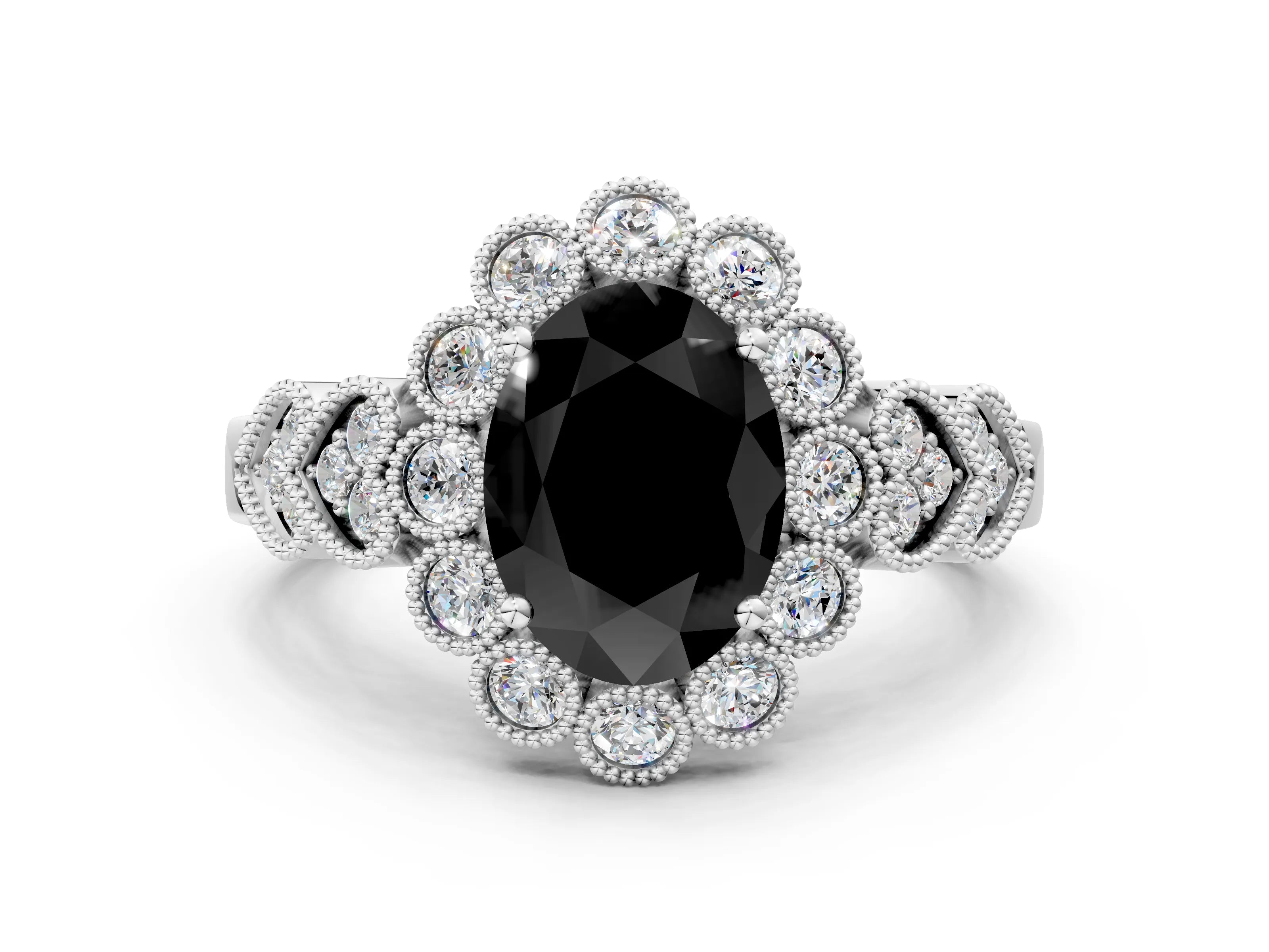 White gold Fancy Black Oval Cut Brilliant Milgrain Pave Heart Band Solitaire Ring