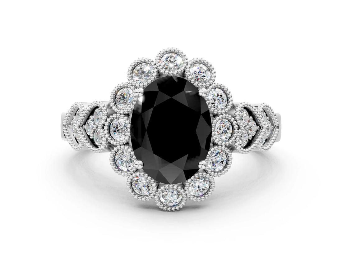 White gold Fancy Black Oval Cut Brilliant Milgrain Pave Heart Band Solitaire Ring_18