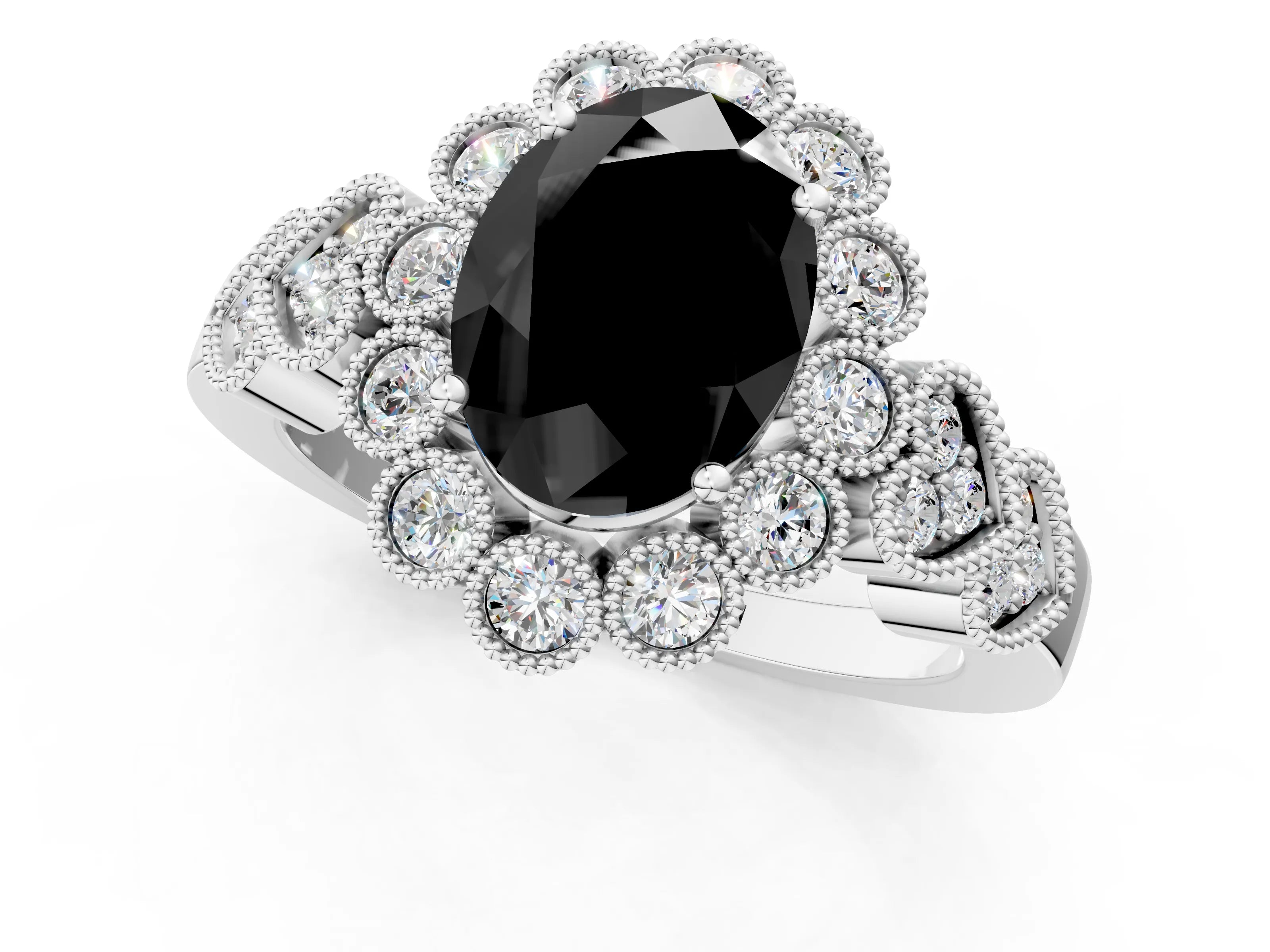 White gold Fancy Black Oval Cut Brilliant Milgrain Pave Heart Band Solitaire Ring_19