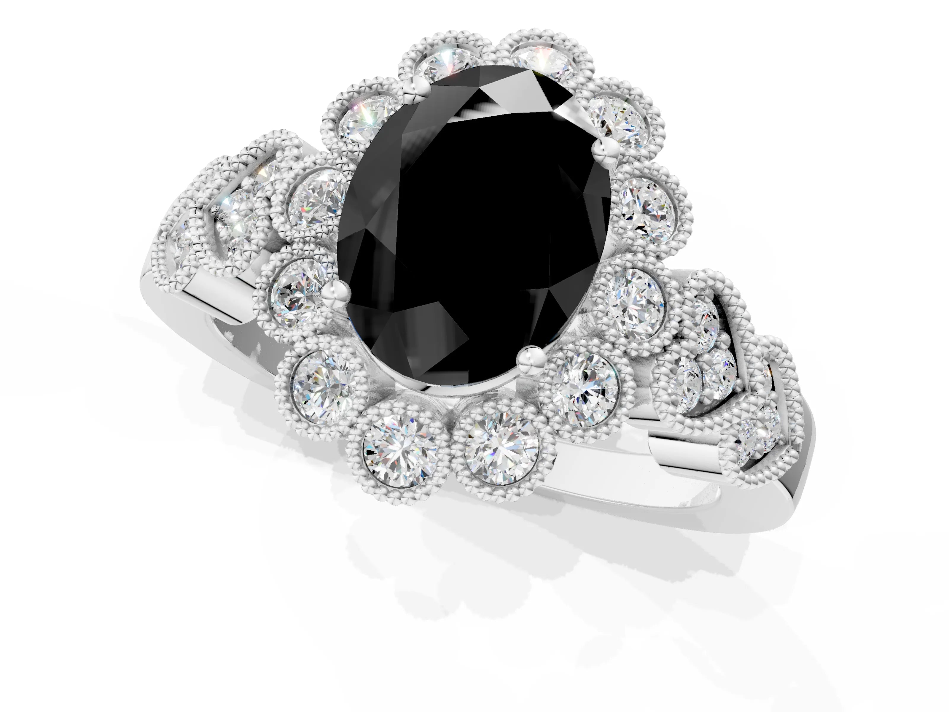 White gold Fancy Black Oval Cut Brilliant Milgrain Pave Heart Band Solitaire Ring_1
