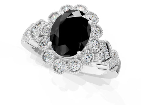 White gold Fancy Black Oval Cut Brilliant Milgrain Pave Heart Band Solitaire Ring_1